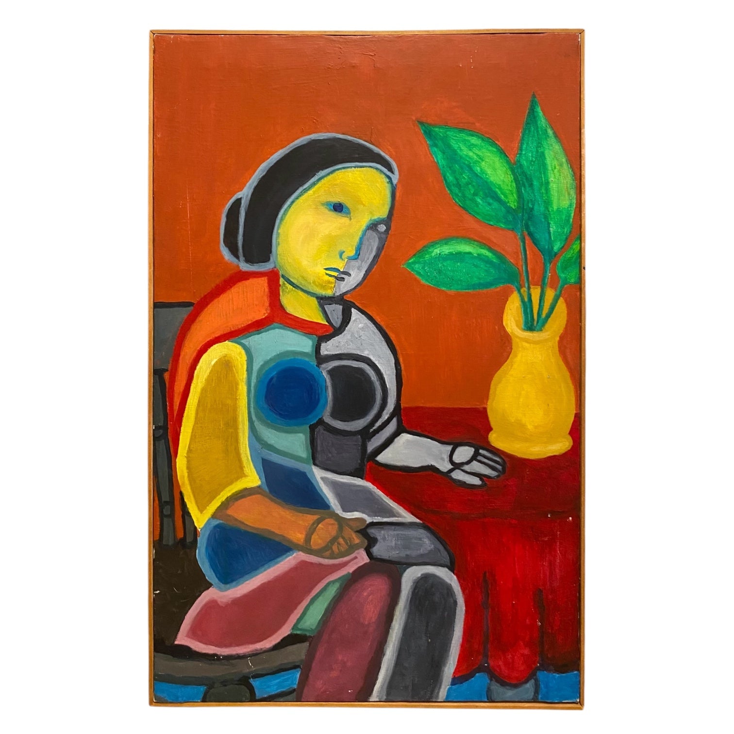 Color Blocked  Oil Painting of a Seated Woman in Interior