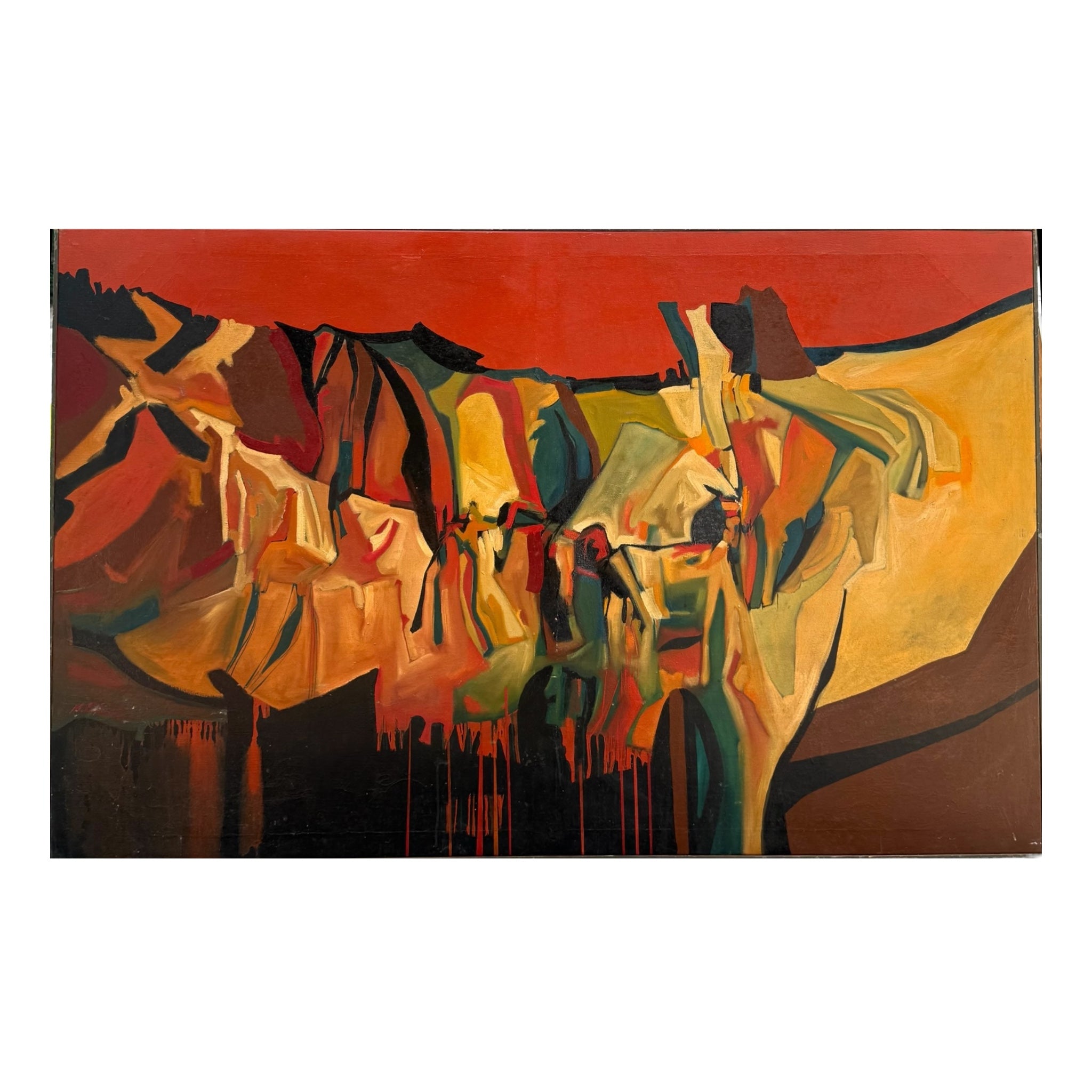 Monumental Mid Century Abstracted Landscape "Red Horizon" in Original Frame