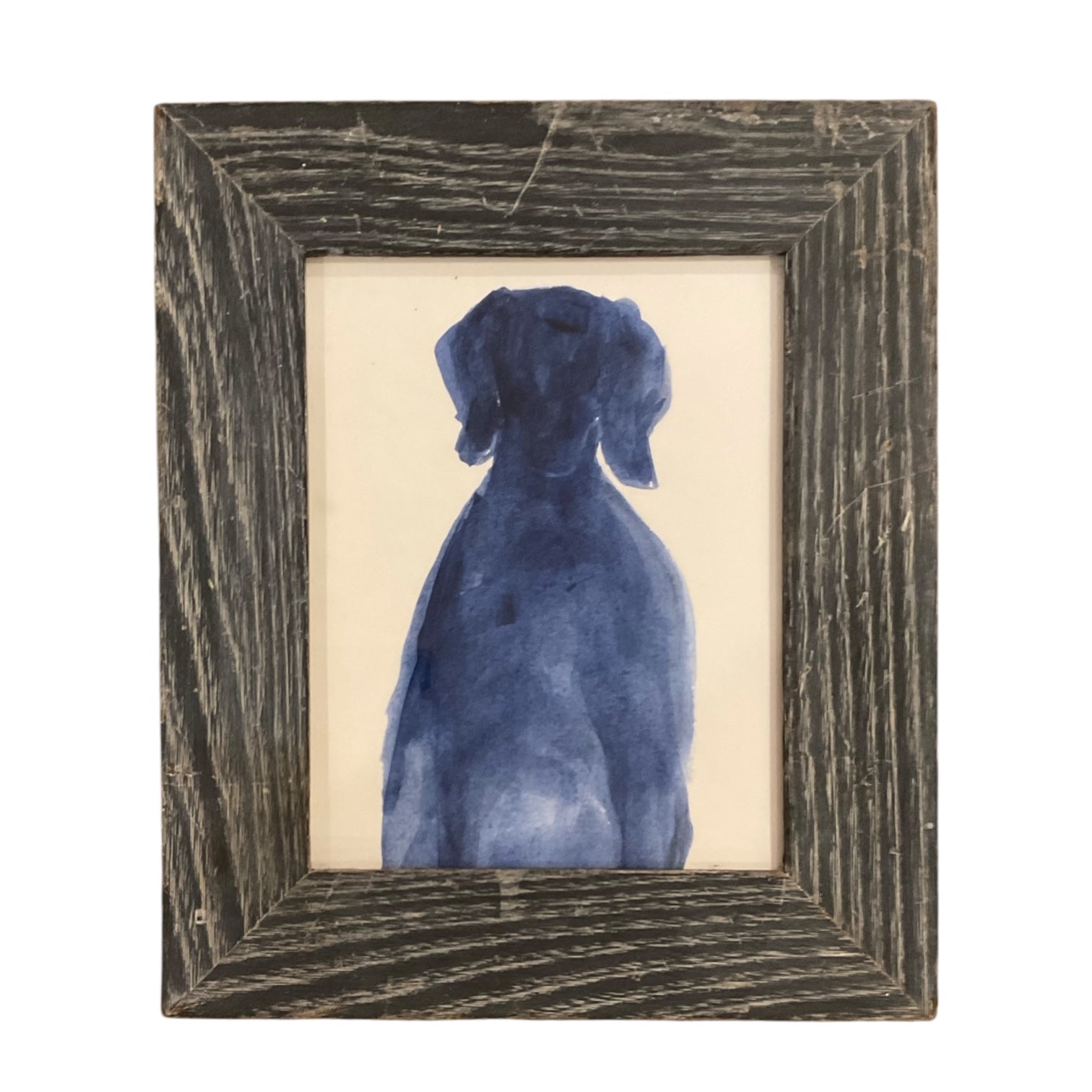 Silhouette of Dog in Blue Presented in Vintage Gray Cerused Wood Frame