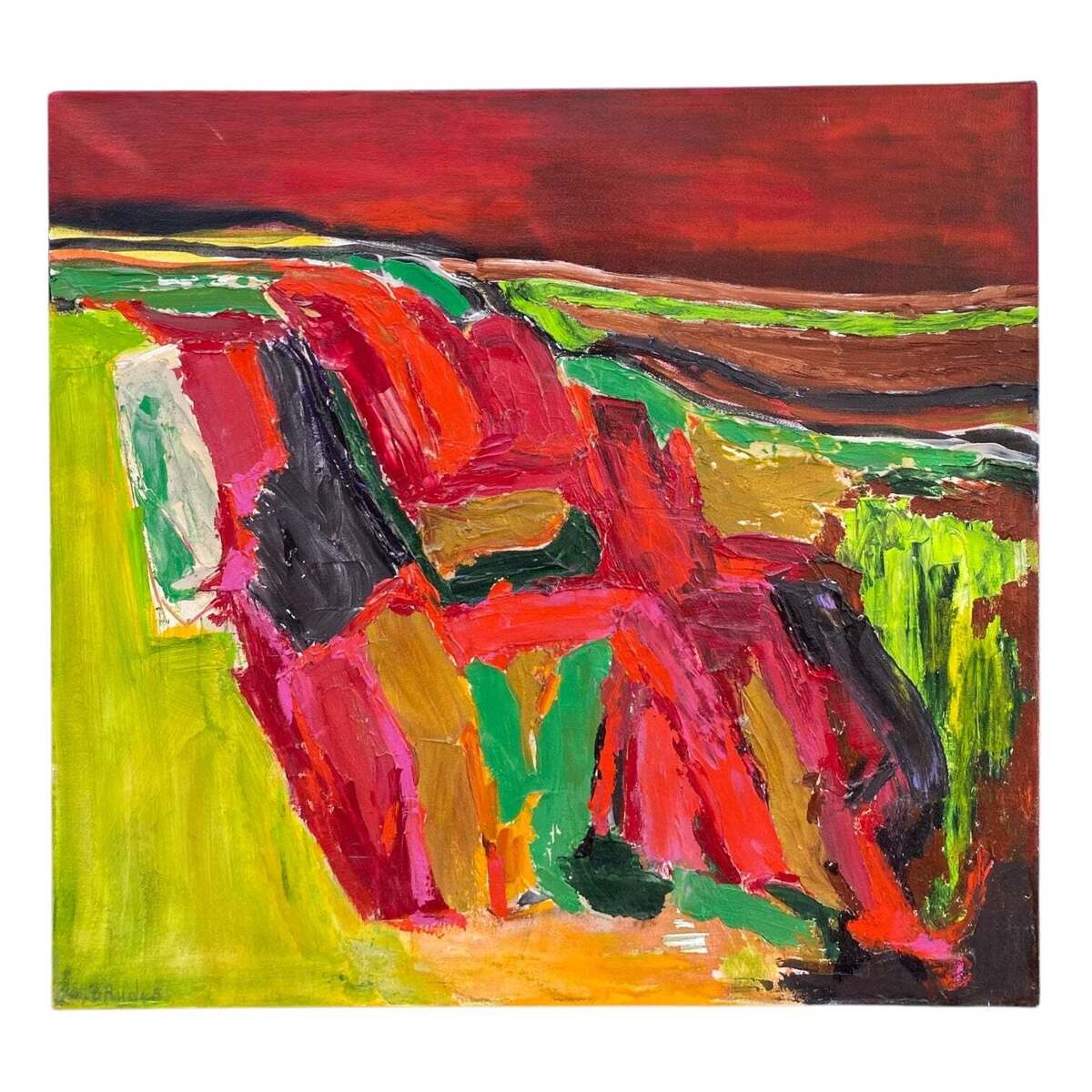Boldly Colorful Abstract Landscape in Reds and Lime Green Impasto