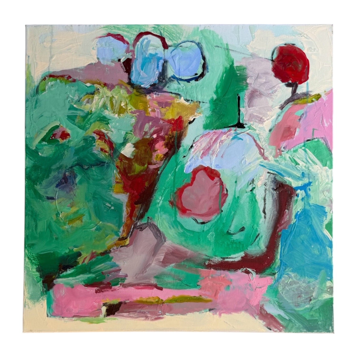 Vintage Abstracted Landscape in Greens, Pinks and Blues