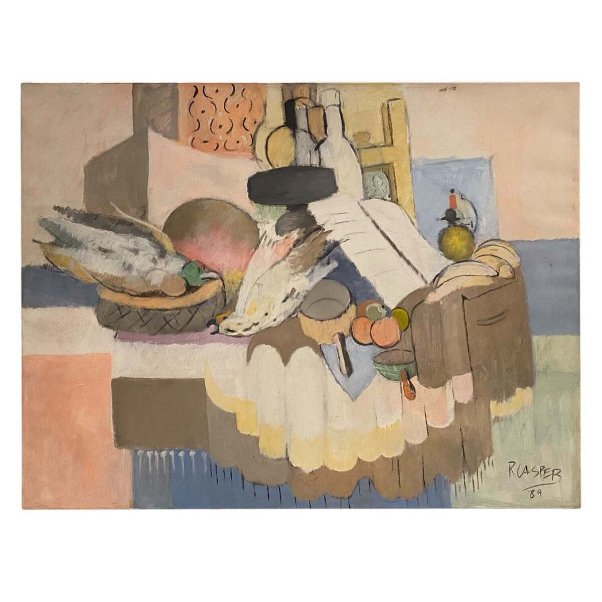 Large Vintage Still Life Tablescape in Pinks and Blues