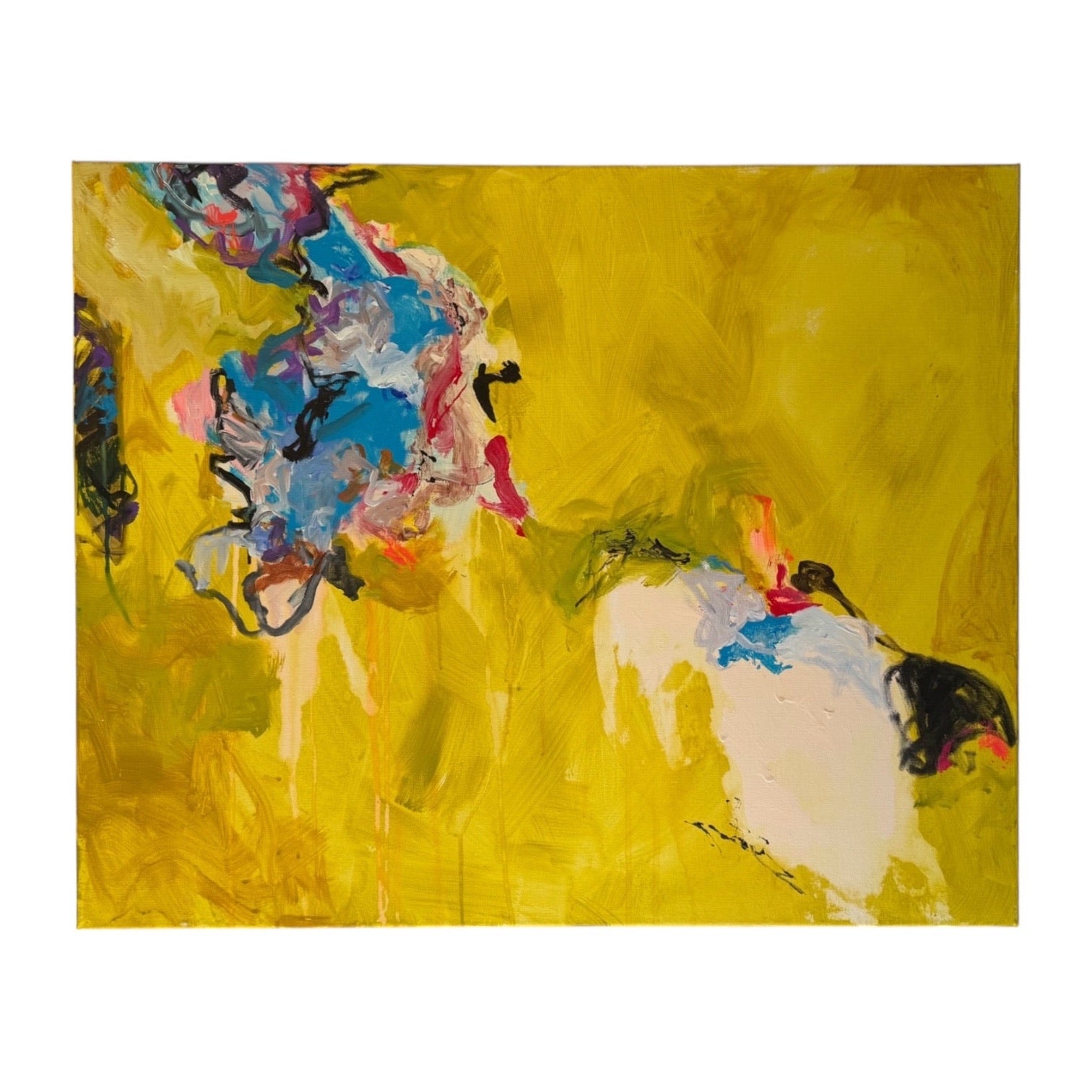 LJ Vintage Energetic Abstract in Citron, Olive, Blue and White