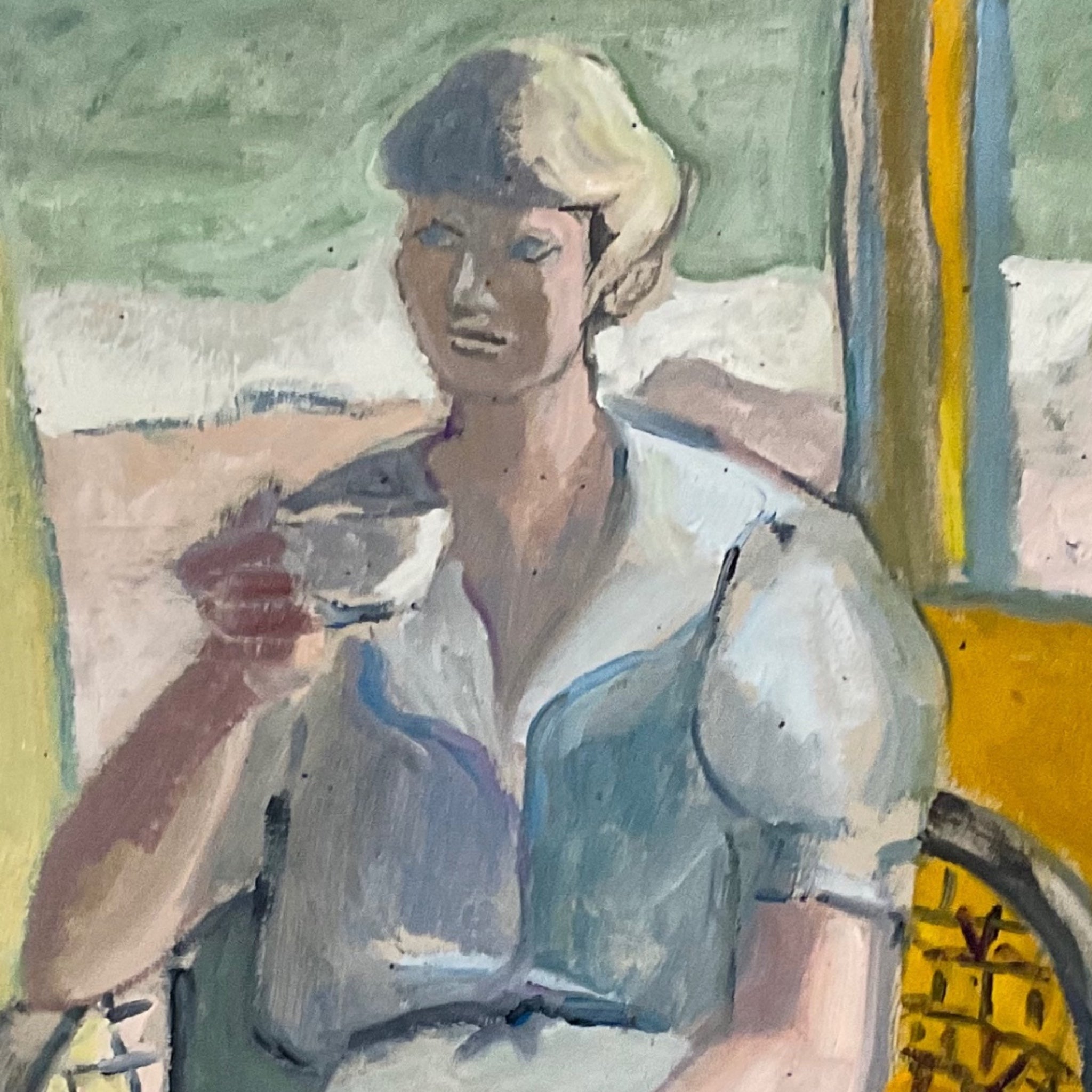 Sensitive Portrait of Seated Woman at Beach Window "Tea by the Sea" in Original Vintage Frame