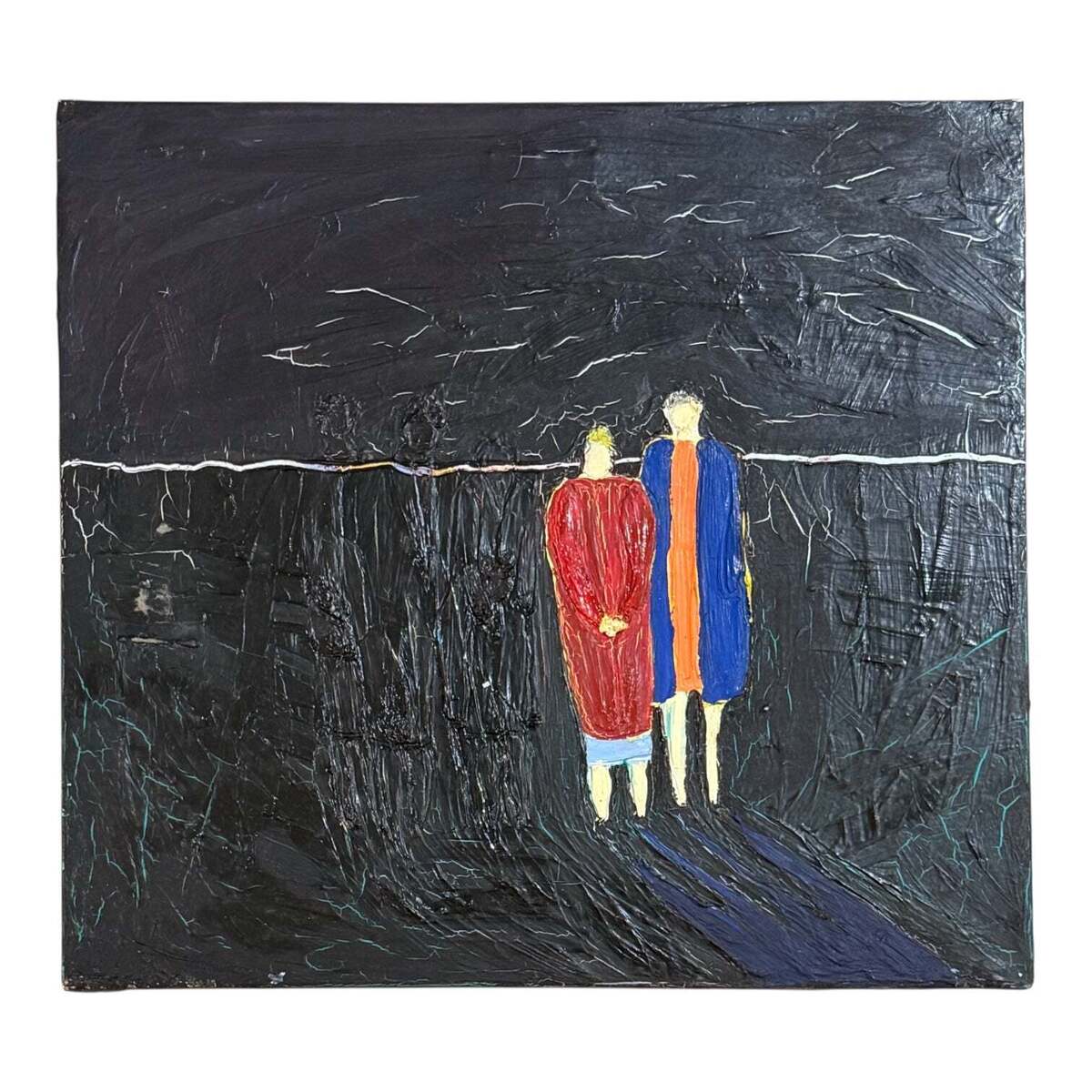 Oil Painting with Heavy Impasto of Two Figures in Evening Landscape