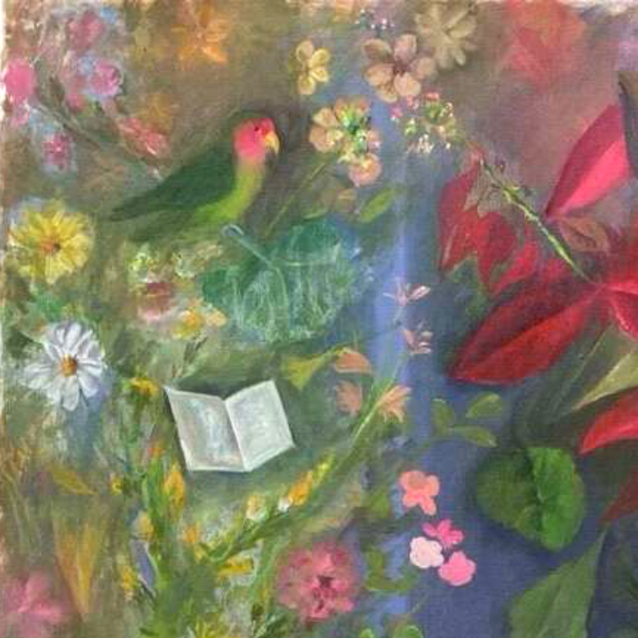 Oversized Vintage Figurative and Floral Painting, Woman Seated in Garden Setting