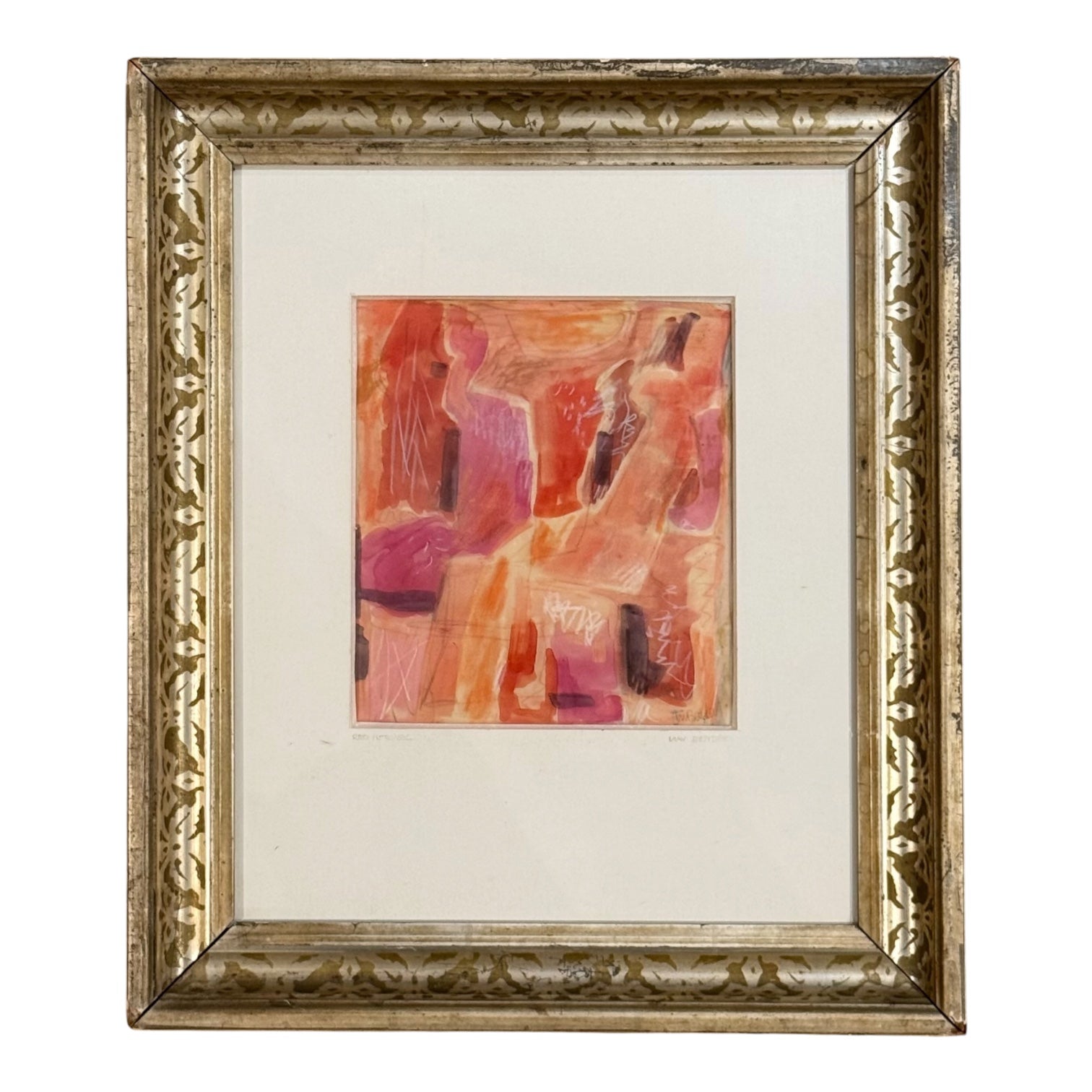 Figurative Mixed Media Painting in Rose Coloration in 19th Century Stencil Gilt Frame