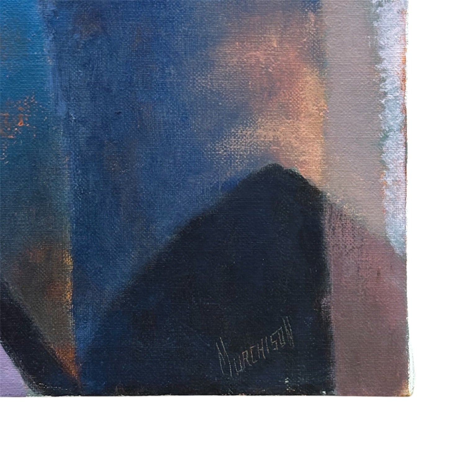 Moody Oil Painting of Faceted Forms in Cobalt and Dusty Rose