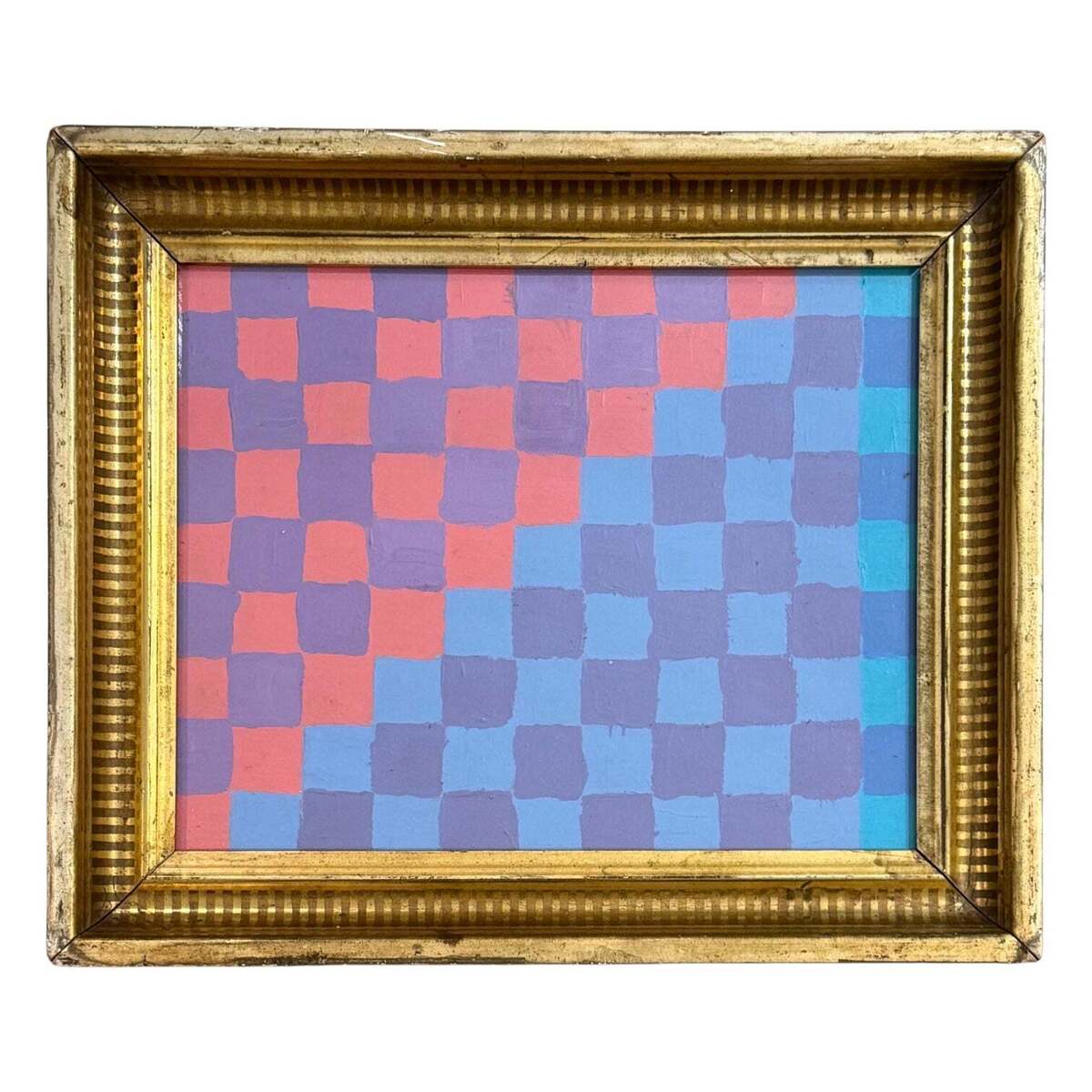 Checkerboard Painting in Pinks and Blues in 19th Century Frame / WC-08
