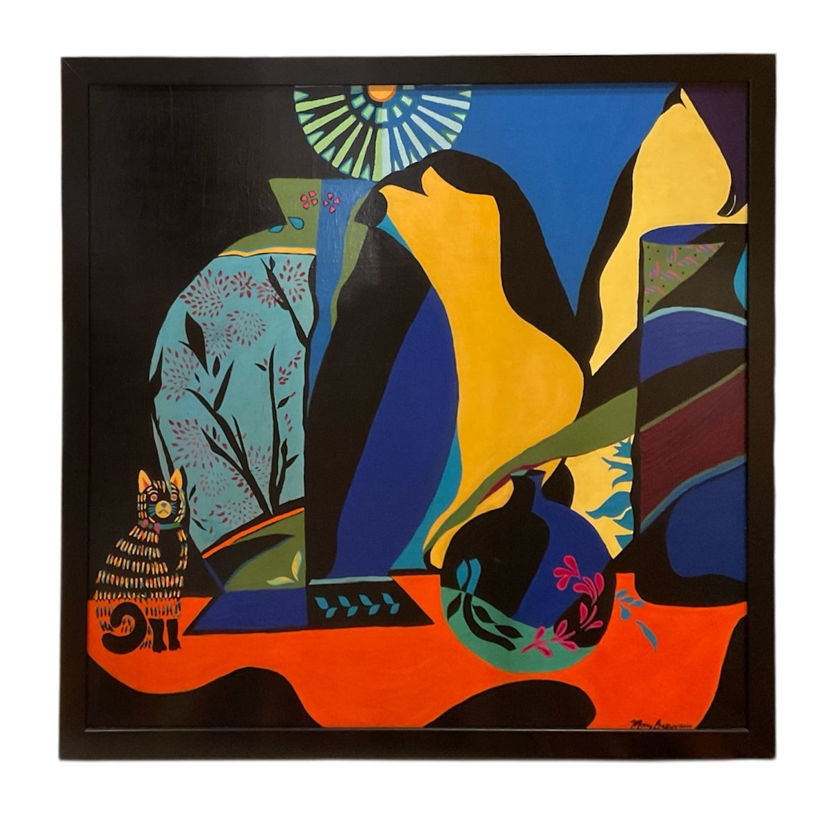 Vintage Colorful Still Life with Cat in the Manner of Matisse