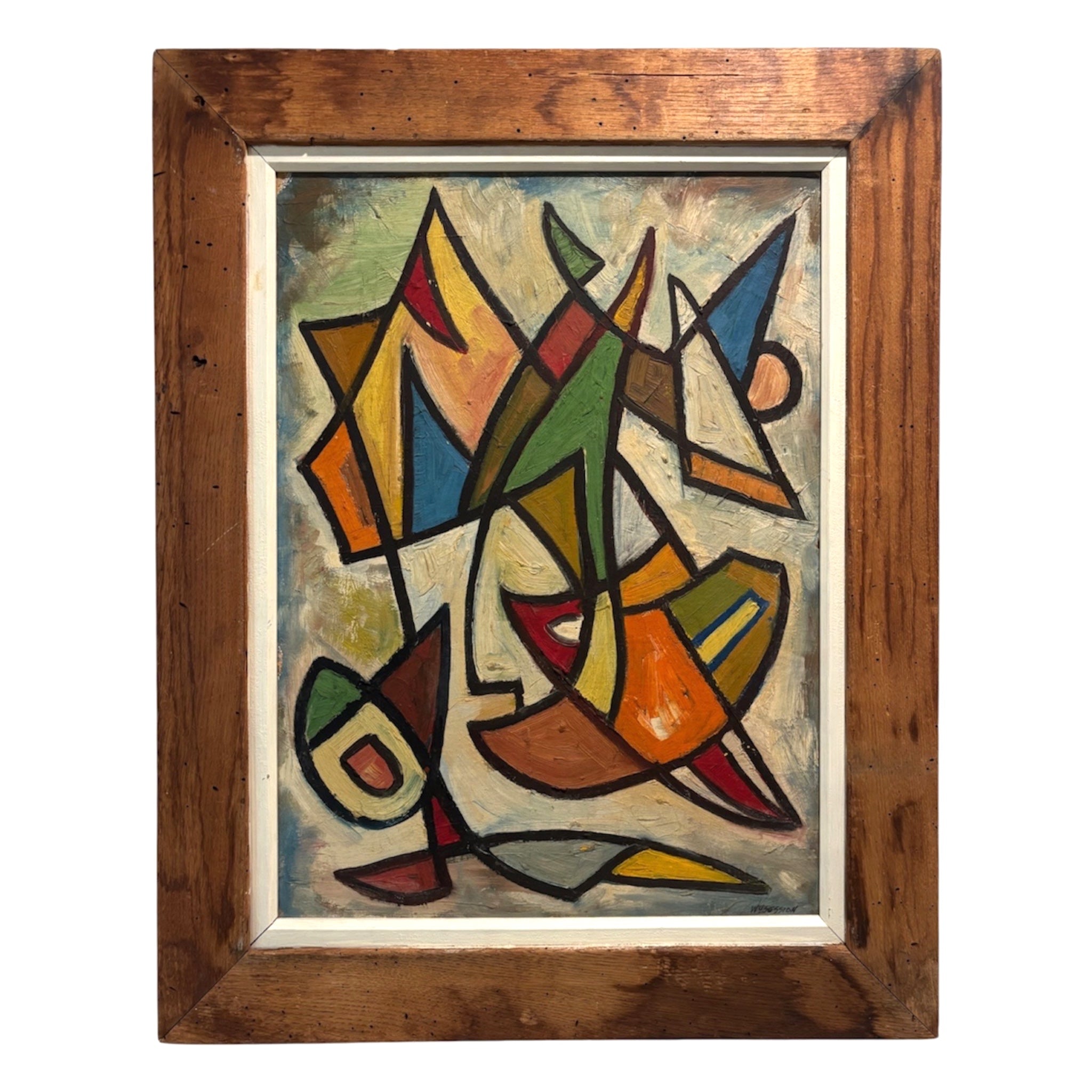 Mid Century Modern Angular Cubist Inspired Painting in Period Correct Wide Wood Frame