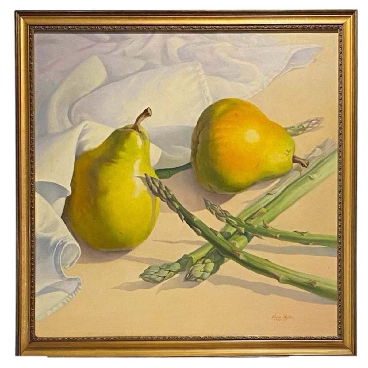 1987 Realistic Oil Painting of Pears and Asparagus