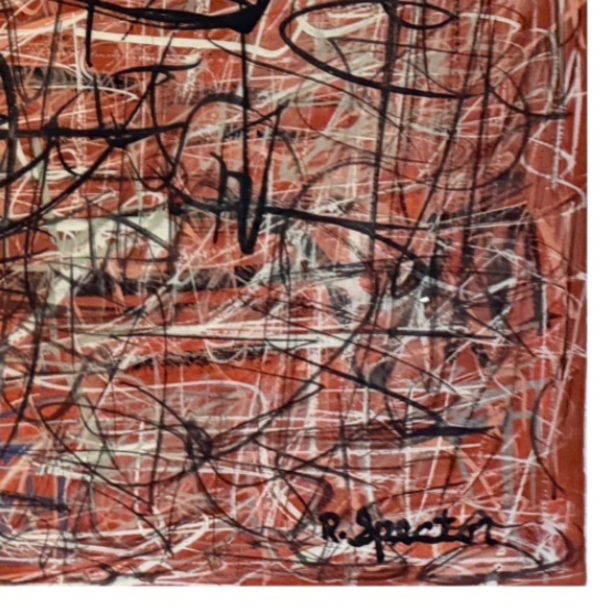 Large Energetic Abstraction  with Layered Mark Making in Black and White Over Rust Ground