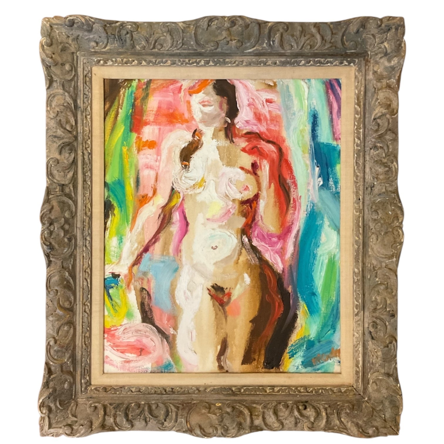 1960s Figurative Oil Painting with Heavy Impasto in Antique Carved  French Frame