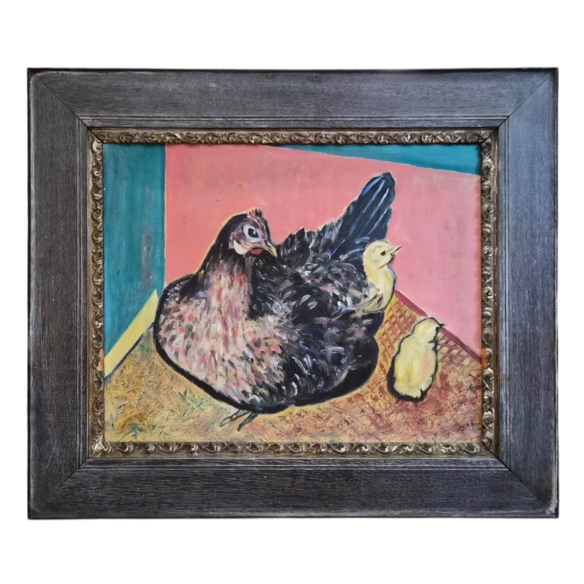 Charming Vintage Painting of Hen and Chicks in Antique Frame