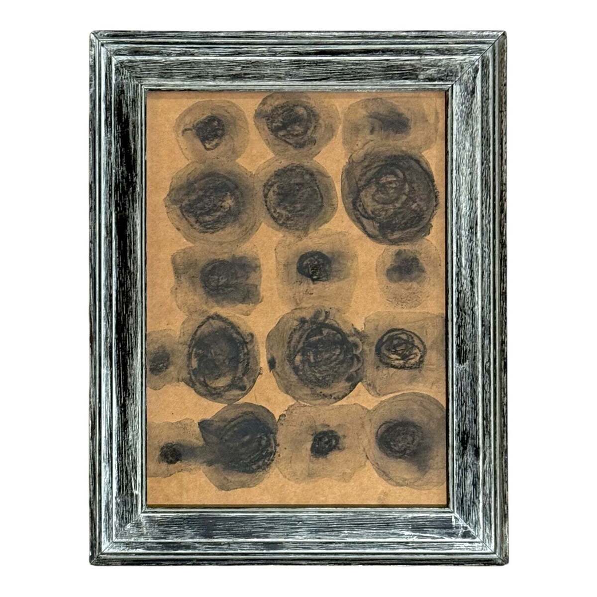 Abstract Ink Circular Patterned Painting in Vintage Cerused Frame