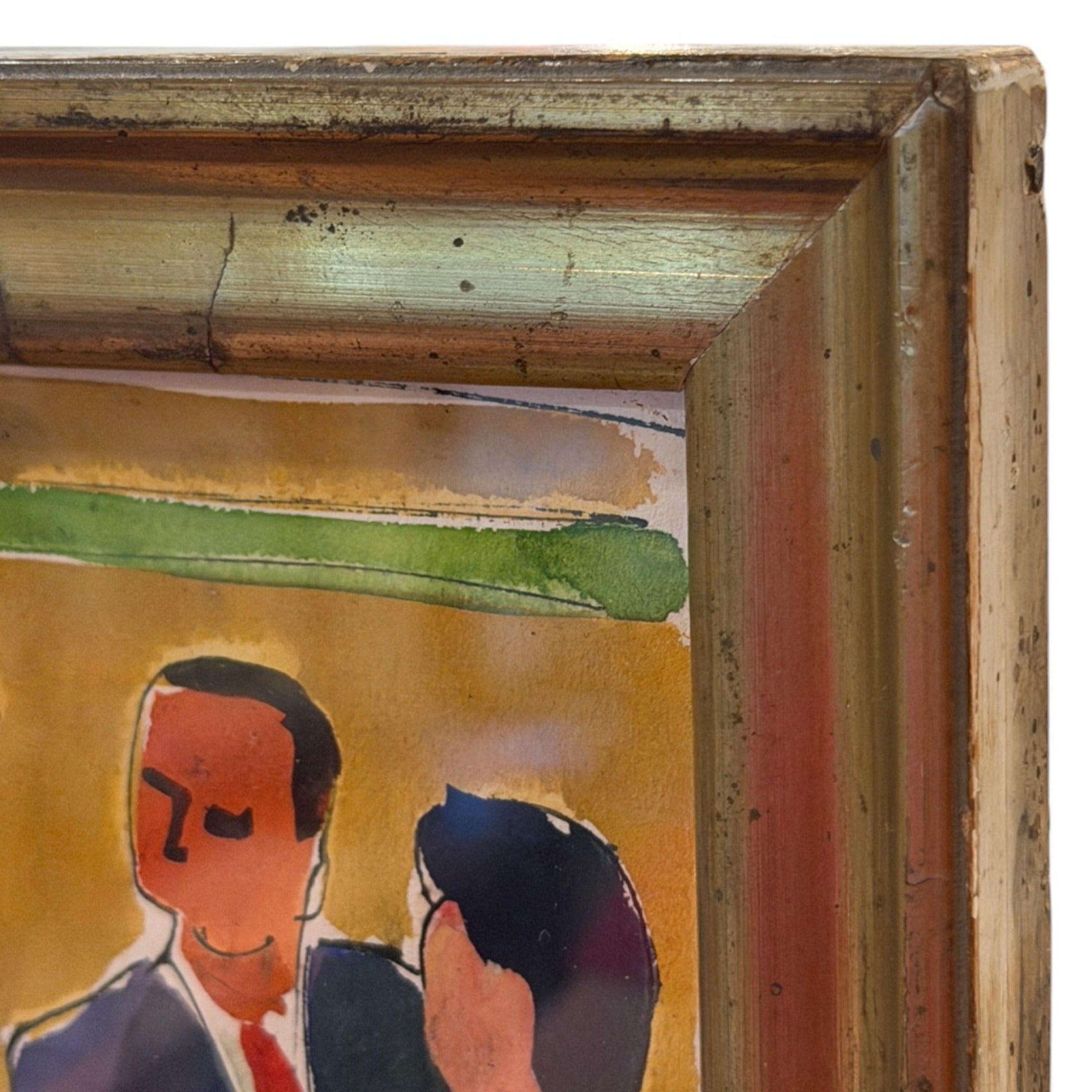 Colorful Watercolor of Trio in Conversation in 19th Century Gilt Frame