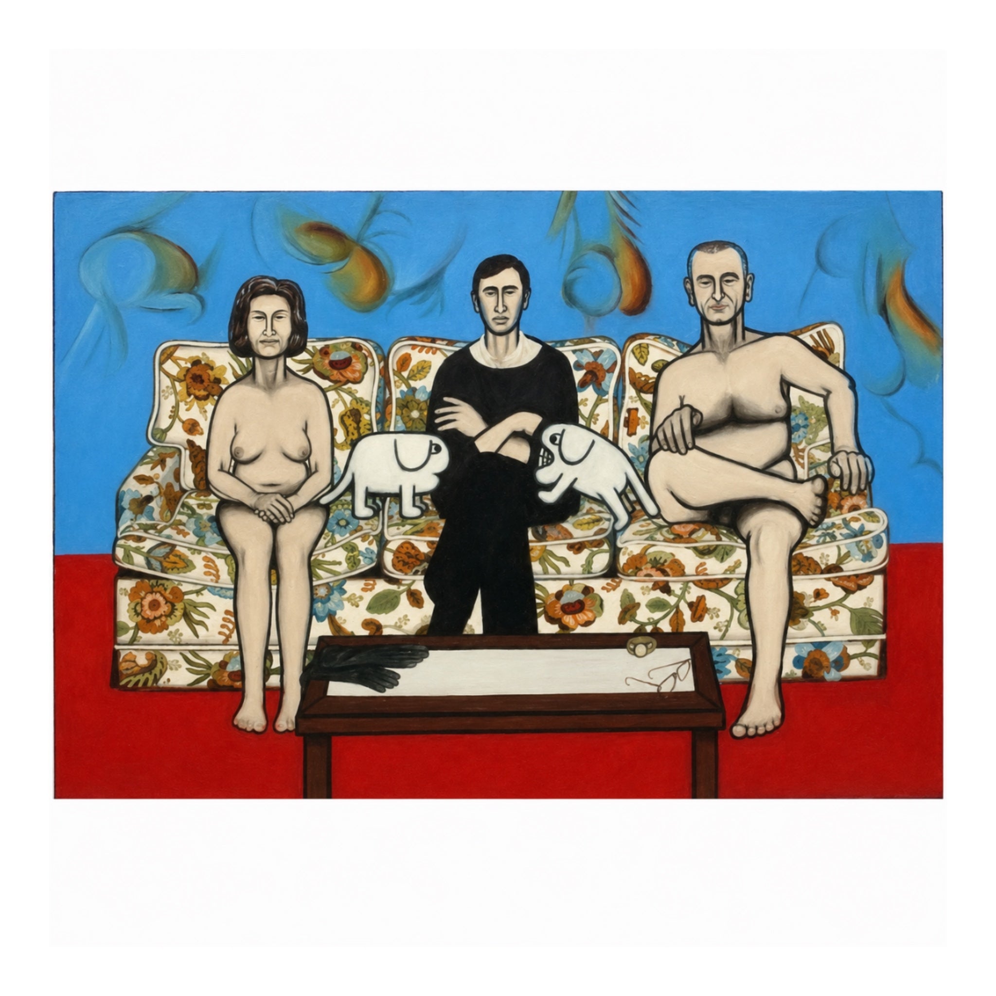 Monumental Painting of the Artist on a Sofa with Lyndon B. and Lady Bird Johnson