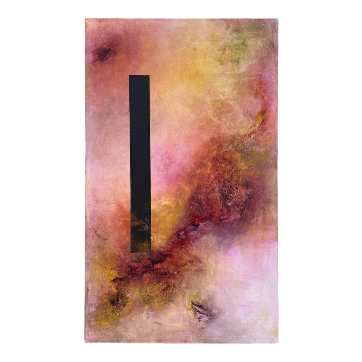 Ethereal Abstract in Pinks and Yellows with Juxtaposed Upright Monolithic Shape  in Black