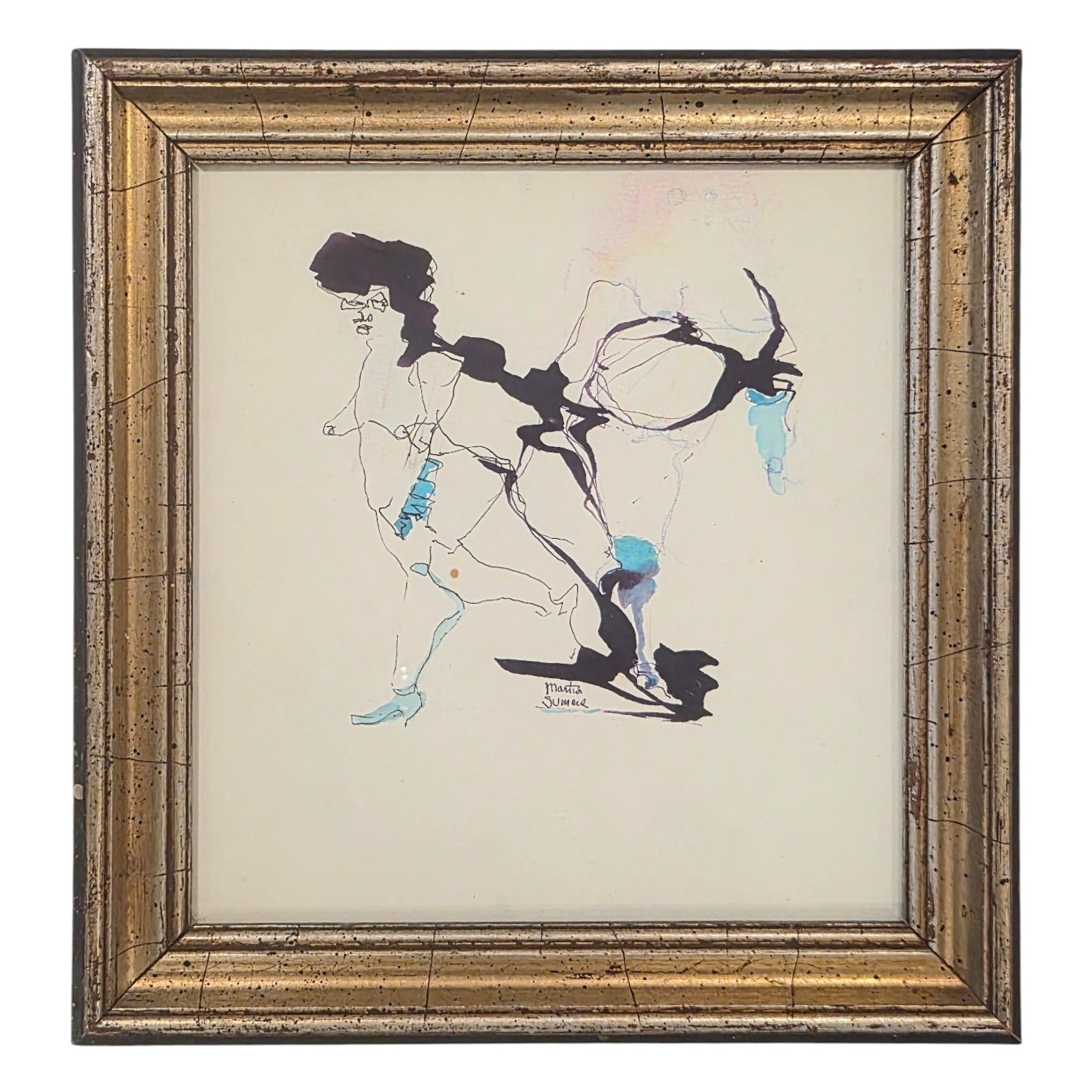 Early Martin Sumers Ink and Watercolor in Antique Frame