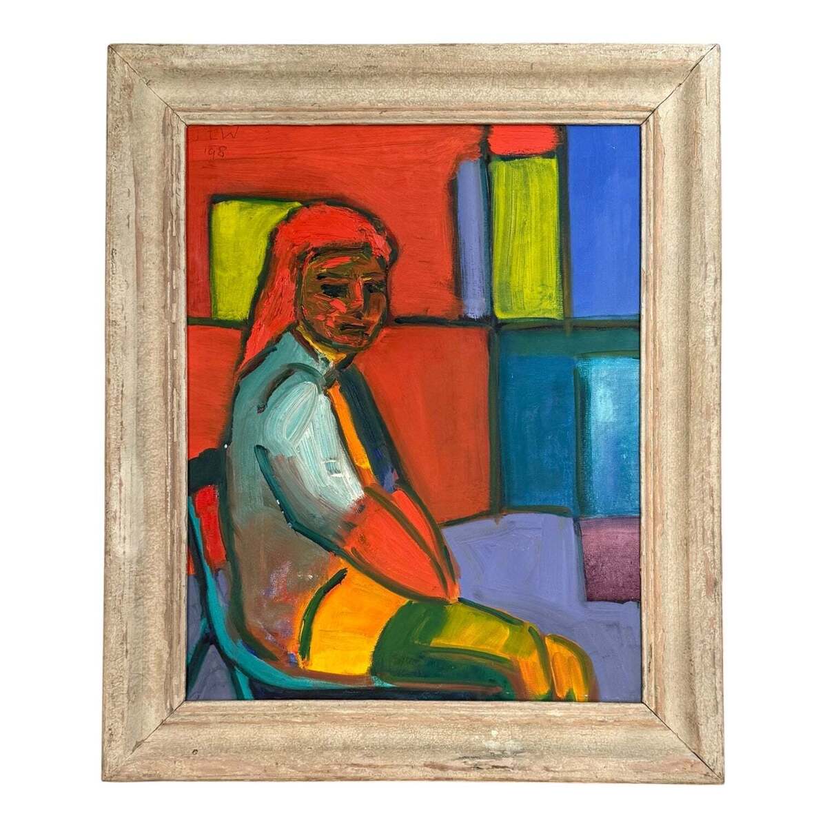 Brilliantly Colorful Painting of Seated Figure in Interior In Vintage Bleached Wood Frame