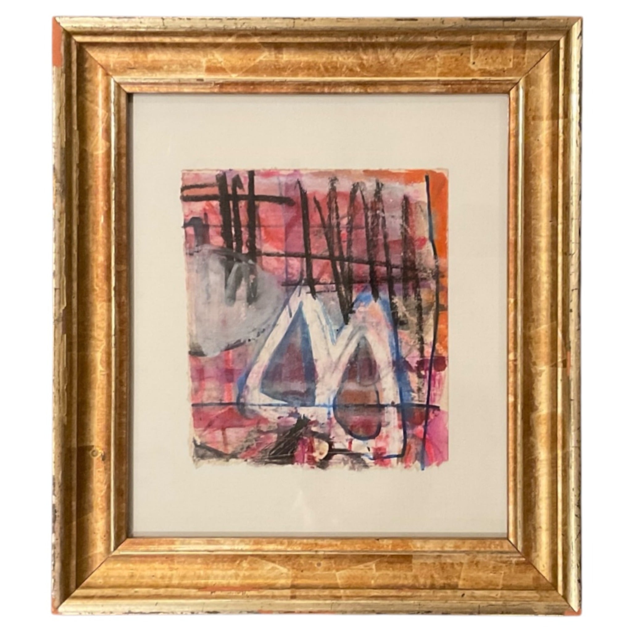 Abstract Expressionist Painting in Pink, Black and Blue in 19th Century Lemon Gilt Frame