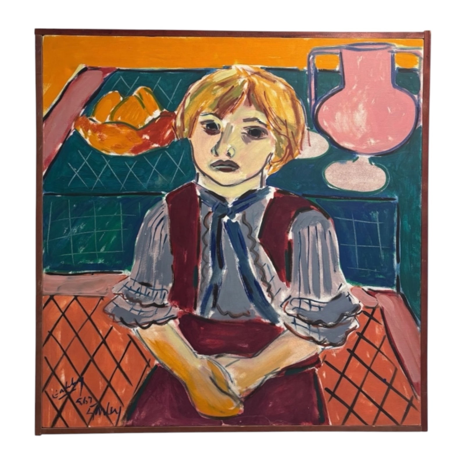 Modernist Oil on Canvas Portrait of Girl in Original Wood Lathe Frame, 1967