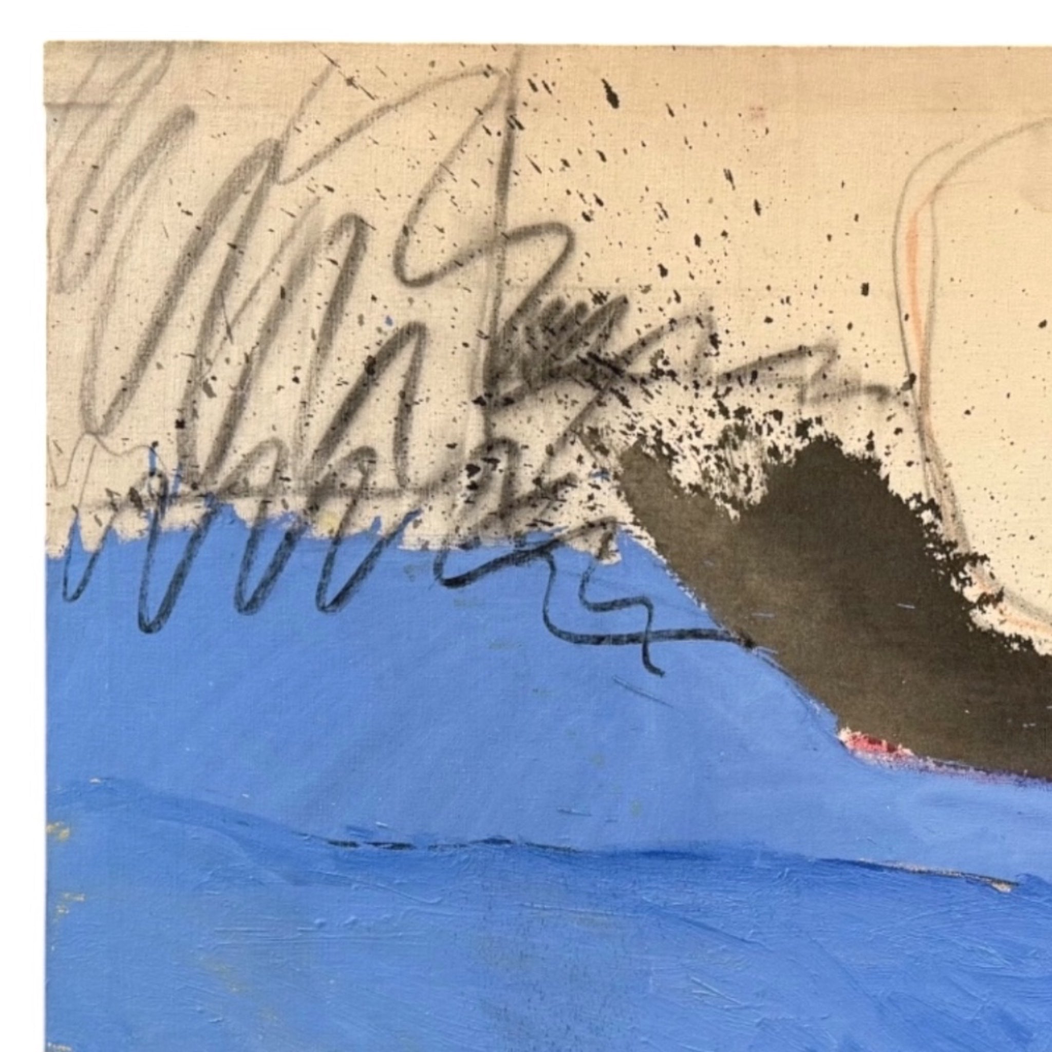 Mid Century Minimalist Abstract Painting with Gestural Mark-Making in Mediterranean Blue, Orange and Charcoal