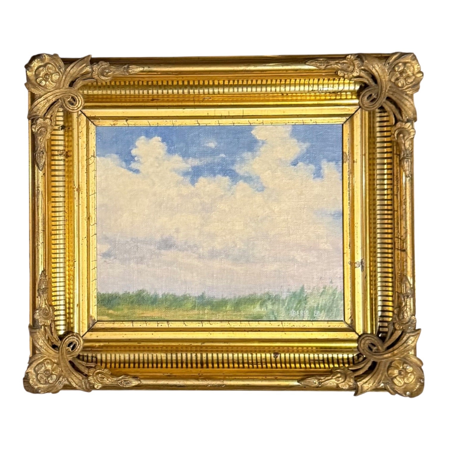 Panoramic Sky Over Pastoral Landscape in 19th Century Ornate Gilt Frame