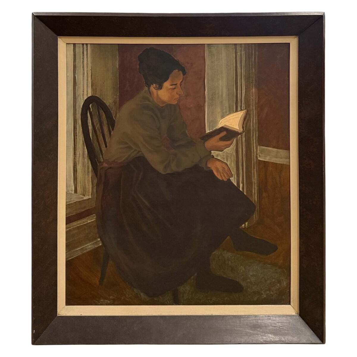 1957 Oil Painting of a Woman Reading in Original Vintage Solid Wood Frame