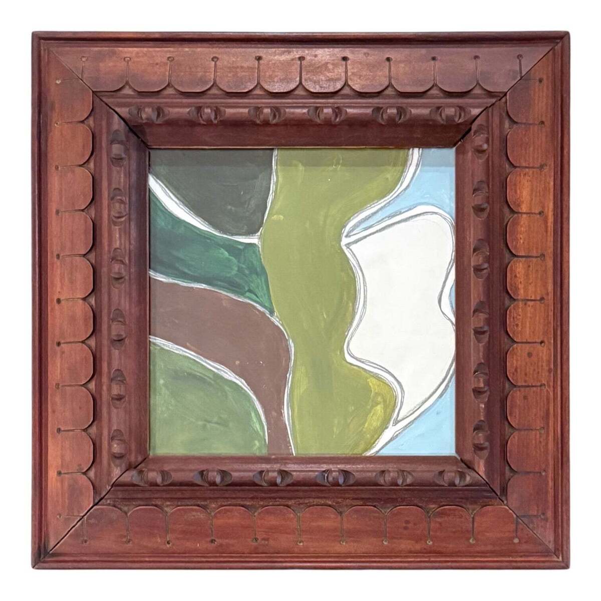 Abstract Painting in Greens in Heavy Vintage Wood Carved Frame