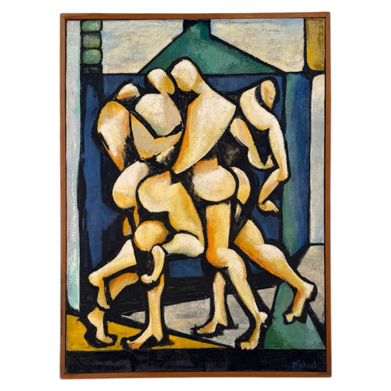 Stylized Intertwined Figures Standing at an Alcove in the Manner of Fernand Leger