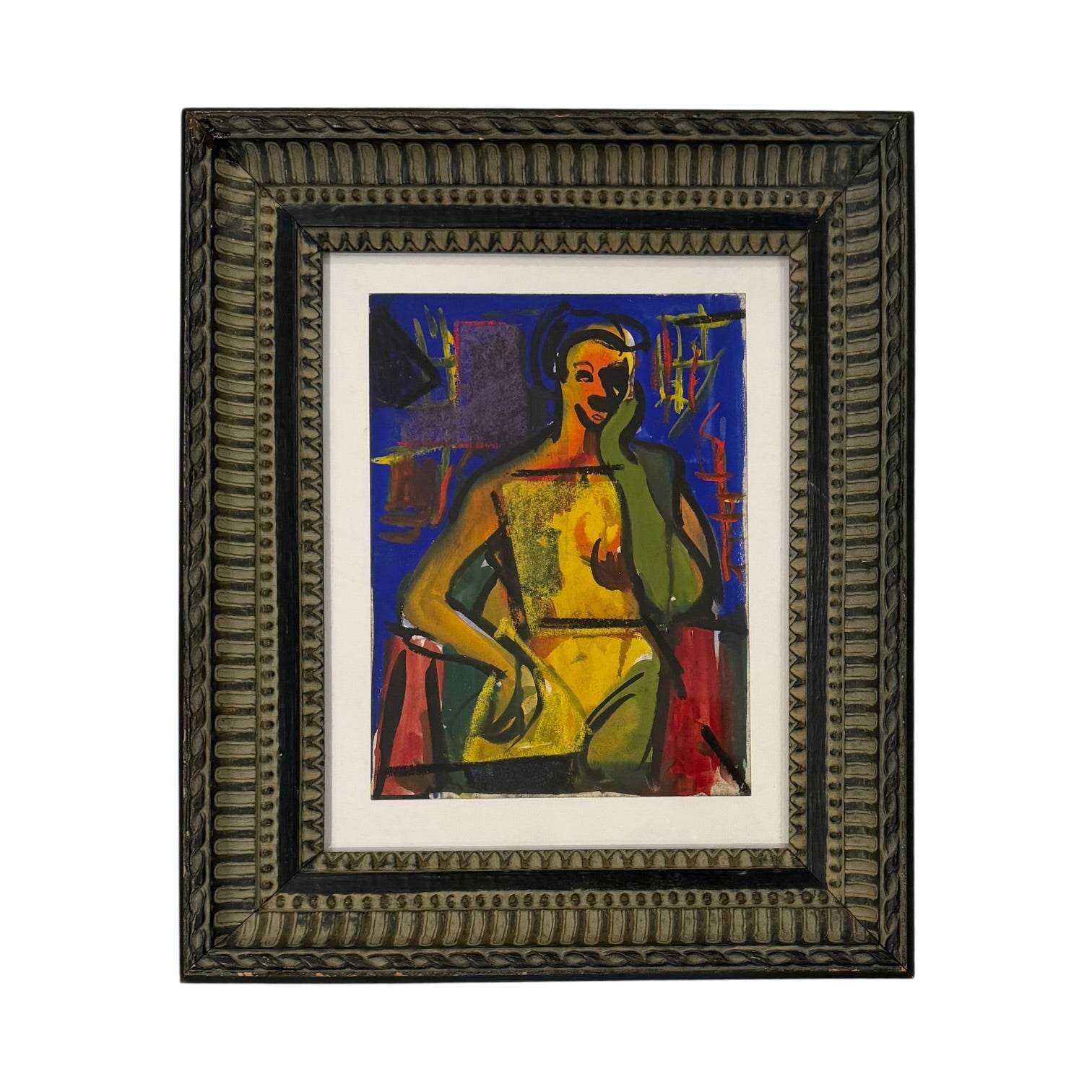 Jewel-Toned Figurative Painting in Hand-Carved Vintage Frame