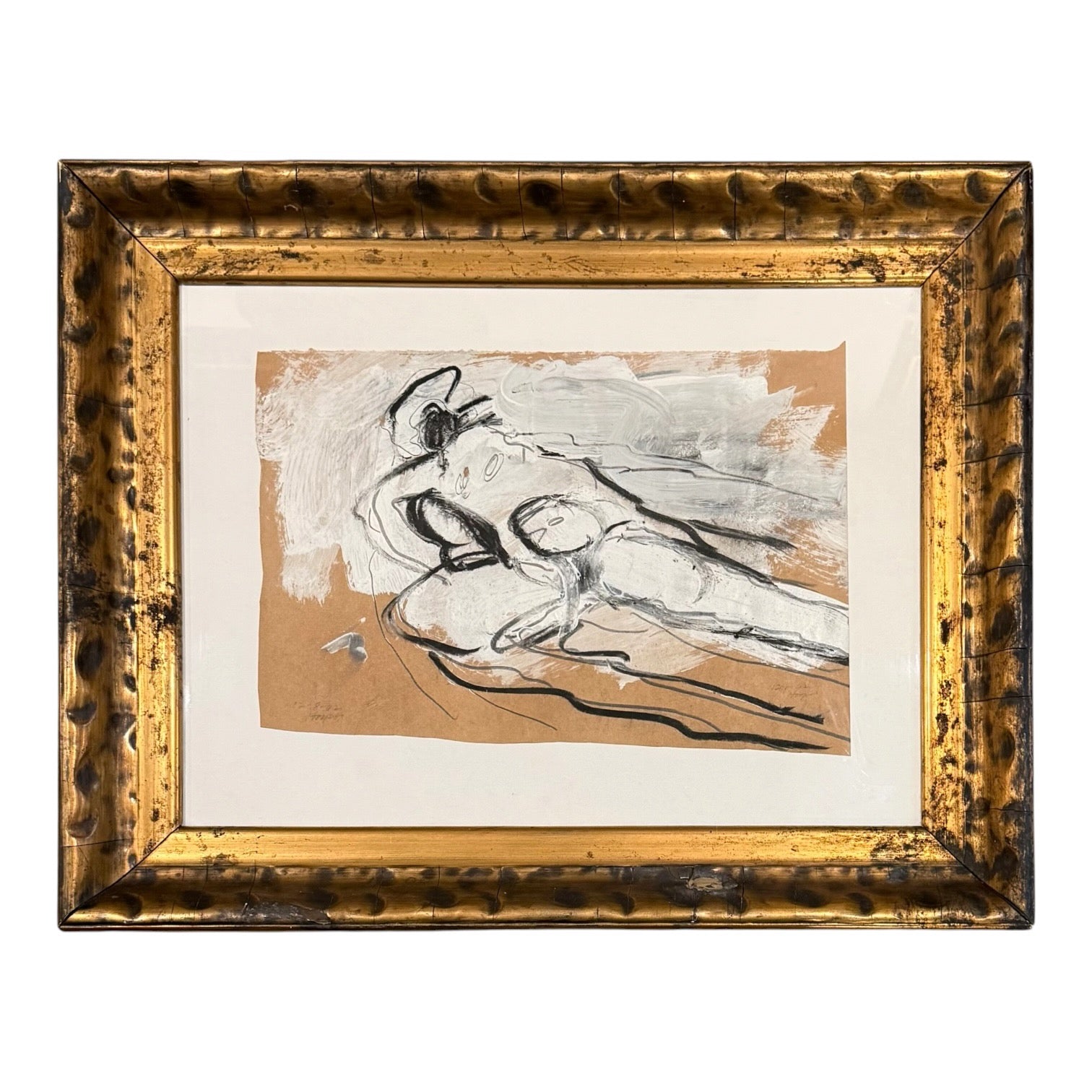1962 Abstract Gestural Painting of Reclining FIgure in Heavy Vintage Frame