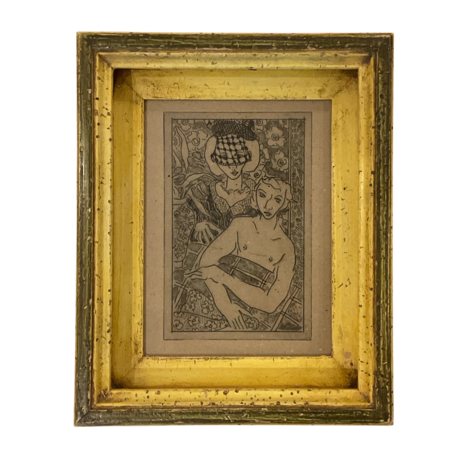 Couple in Interior Presented in a Vintage Yellow Frame