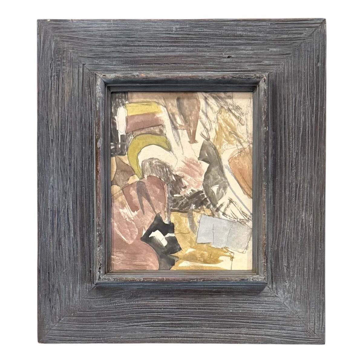 Abstract Watercolor and Graphite Painting in Vintage Gray Wood Frame