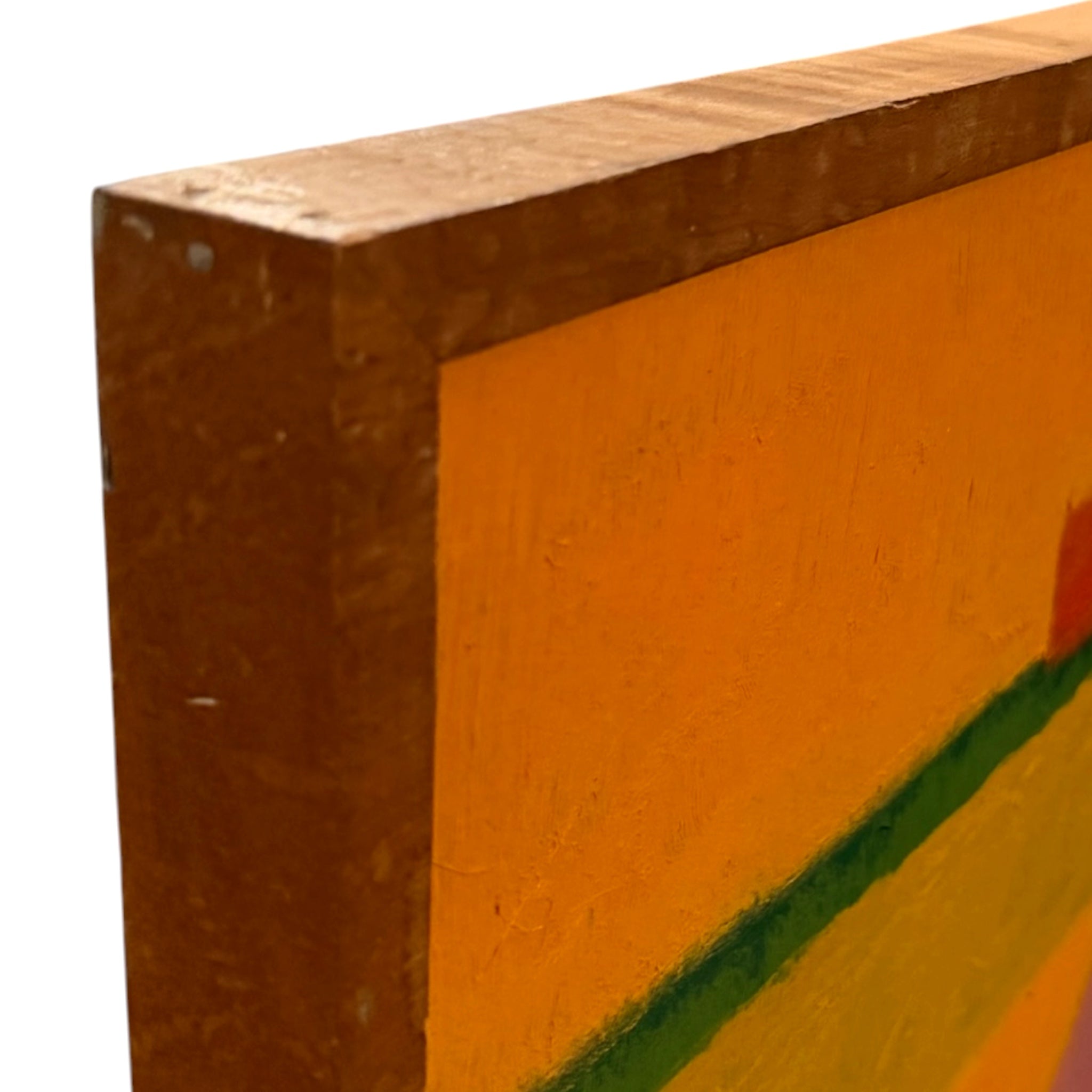 Graphic Minimalist Landscape Painting in Pinks, Orange and Green /Vintage Wood Frame