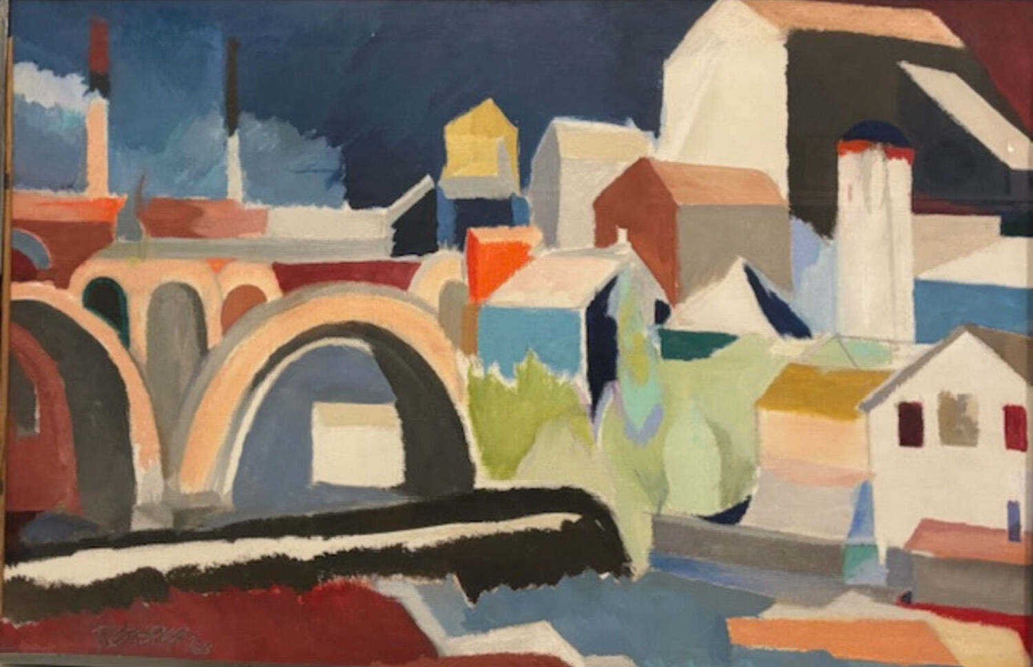 Oil Painting of Cityscape and Inland Waterway