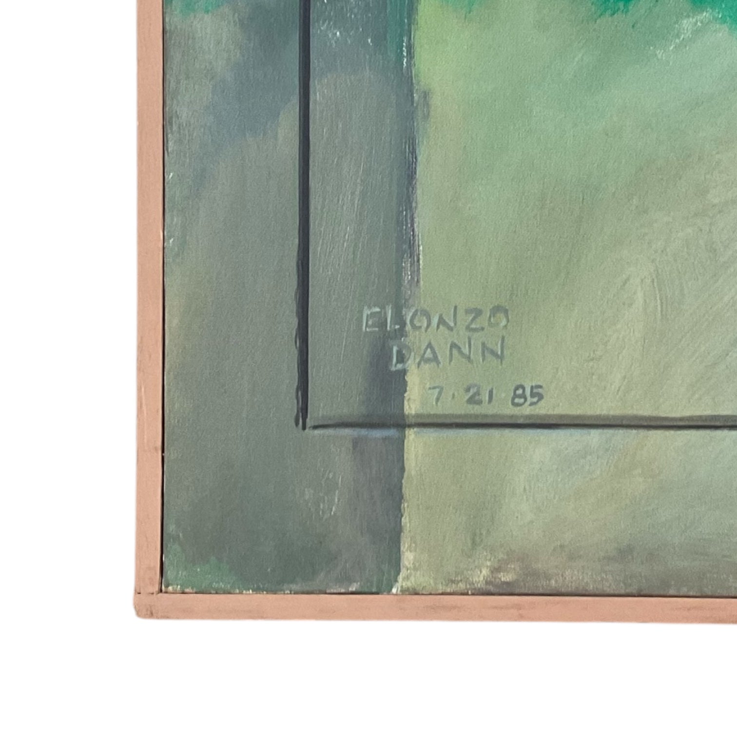 Minimalist Landscape in Greens and Blues in Original Painted  Wood Frame