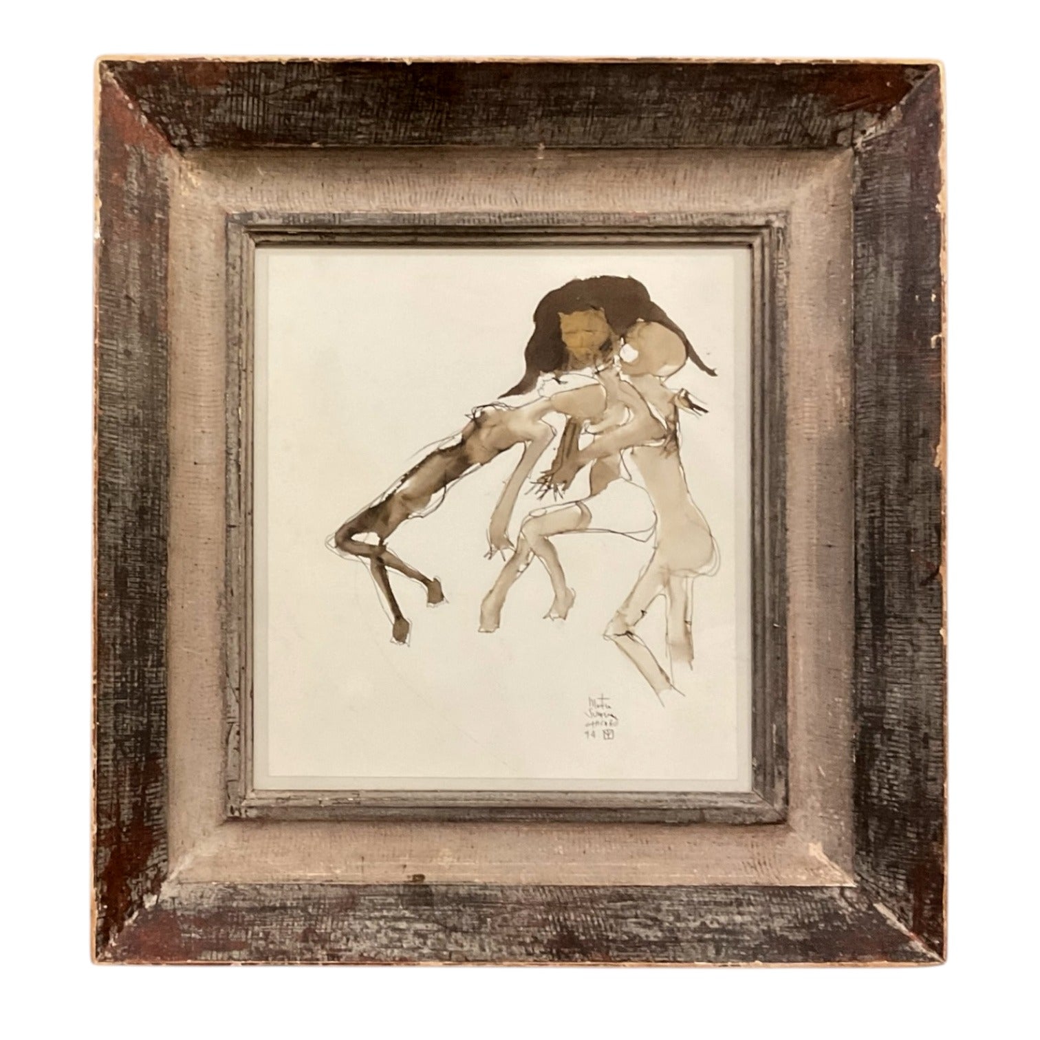 Sensitive Watercolor and Ink Painting of Nude Trio in Rare Antique Gesso Painted Frame