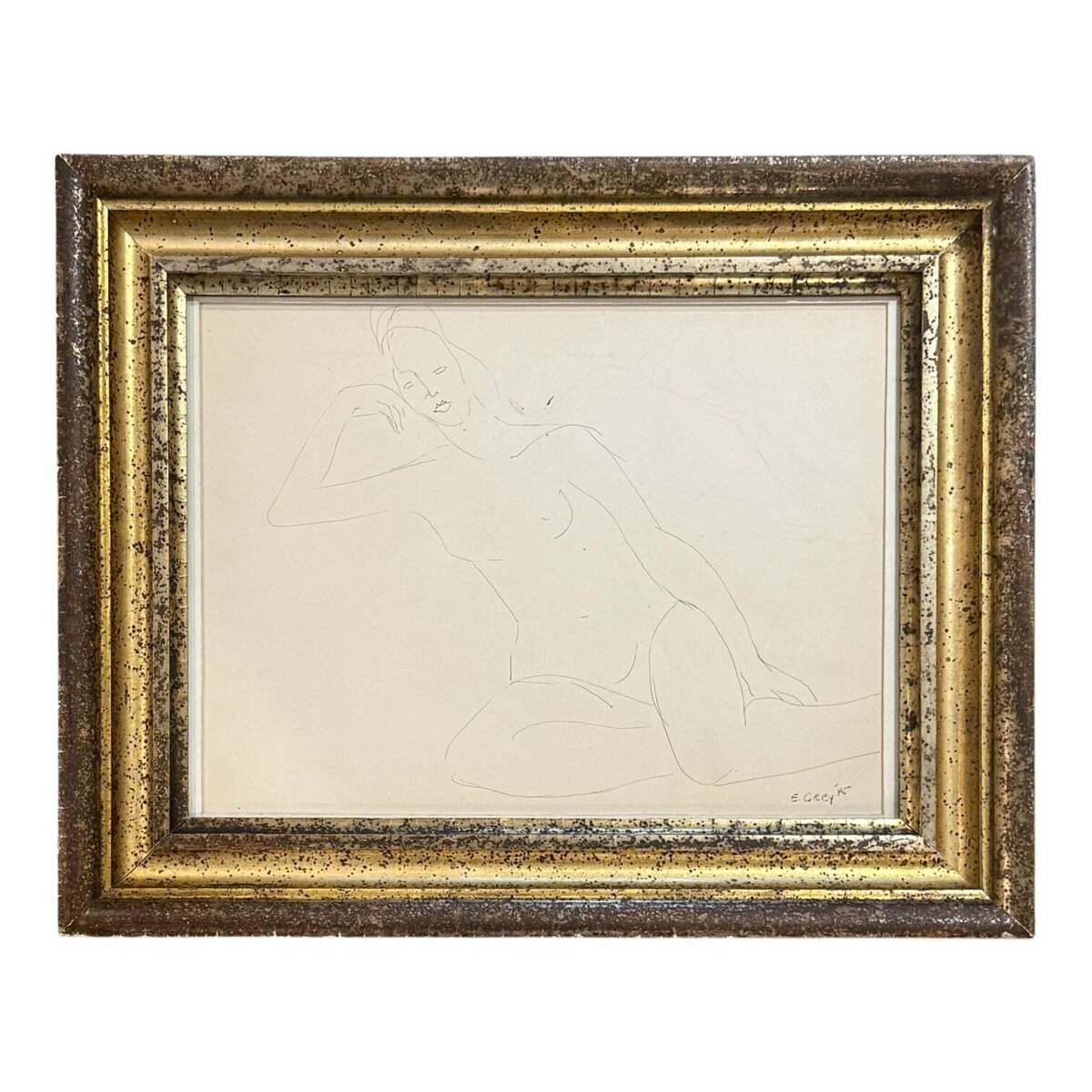 Figurative Ink Drawing of Nude in 19th Century Gilt Frame