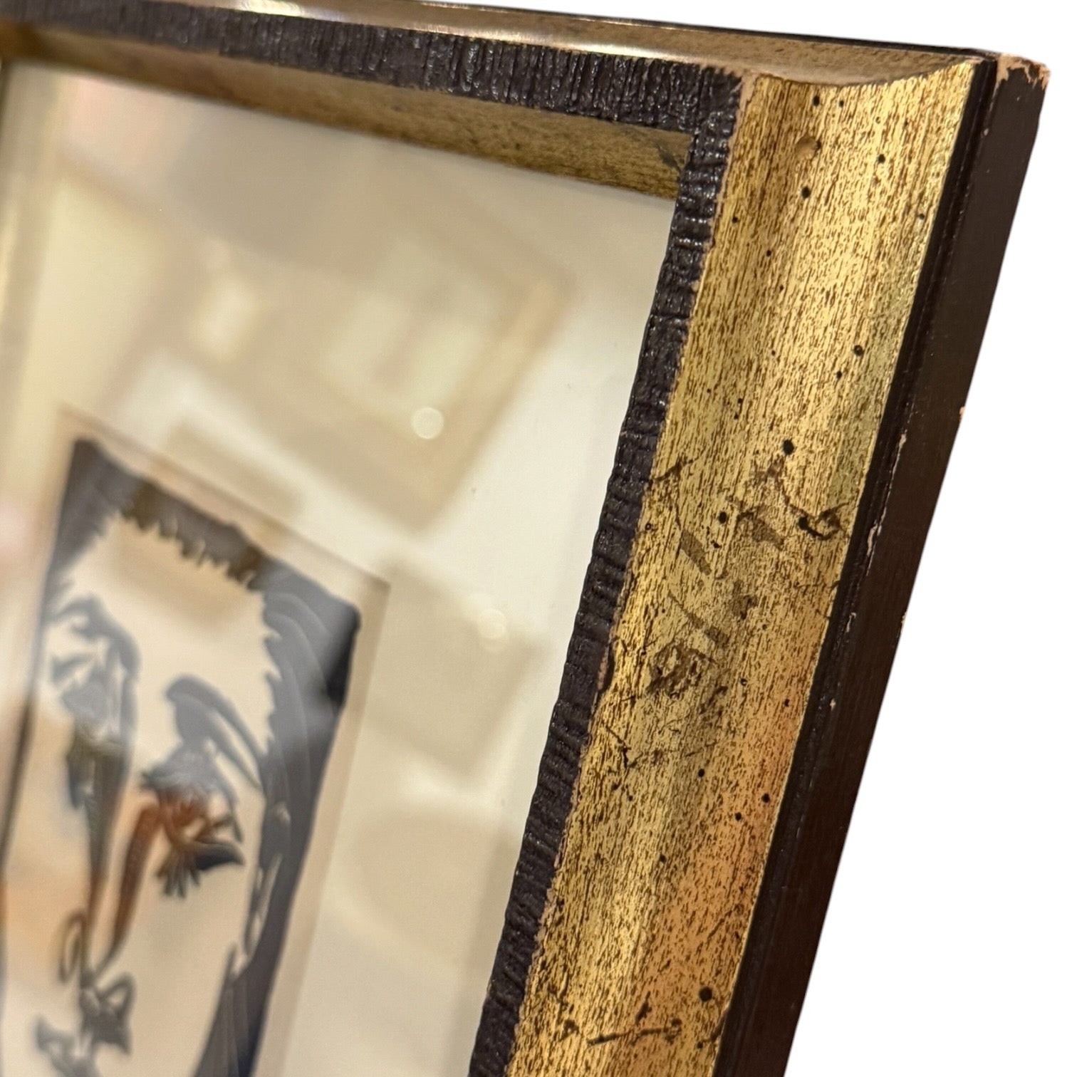 Linocut Print Portrait in Bold Black in Vintage Wood and Gold Frame