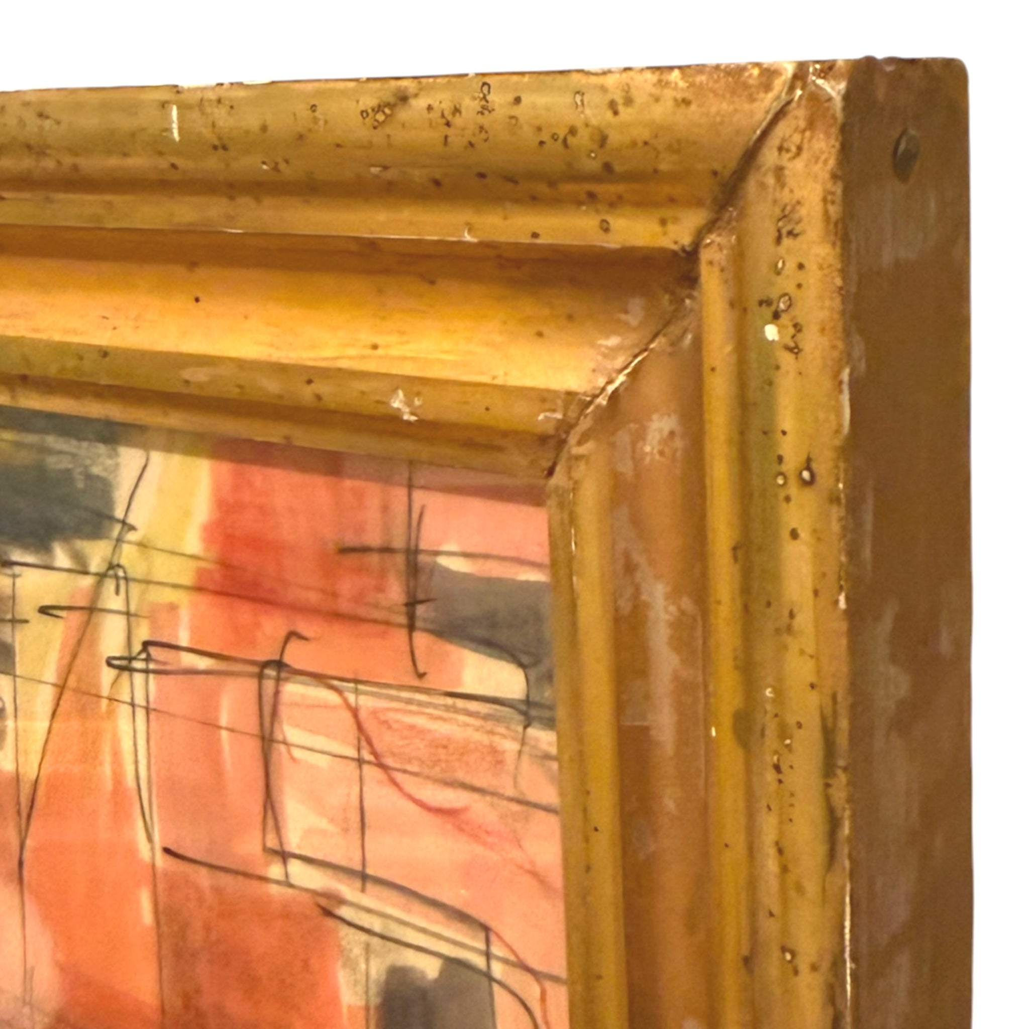 Colorful Mixed Media Cubist Painting of Seated Woman with Urn in 19th C. Lemon Gold Frame