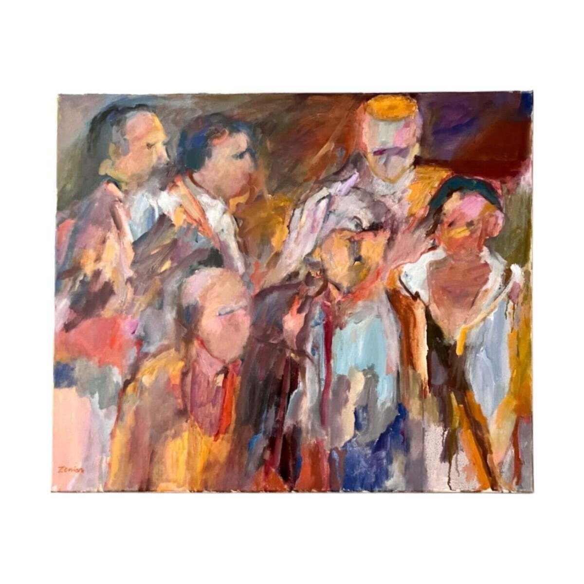Abstract Figurative Oil Painting of Crowd in Interior