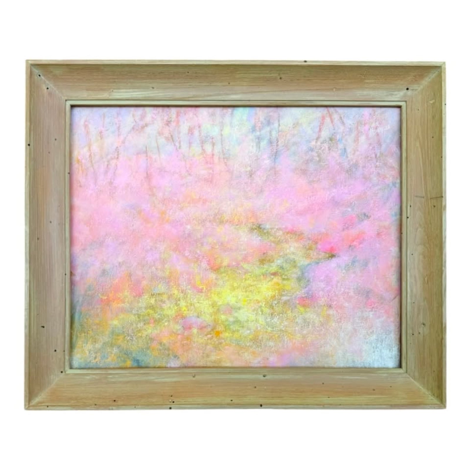 Ethereal Abstracted Landscape Oil Painting in Vintage Lime Washed Wormy Wood Frame