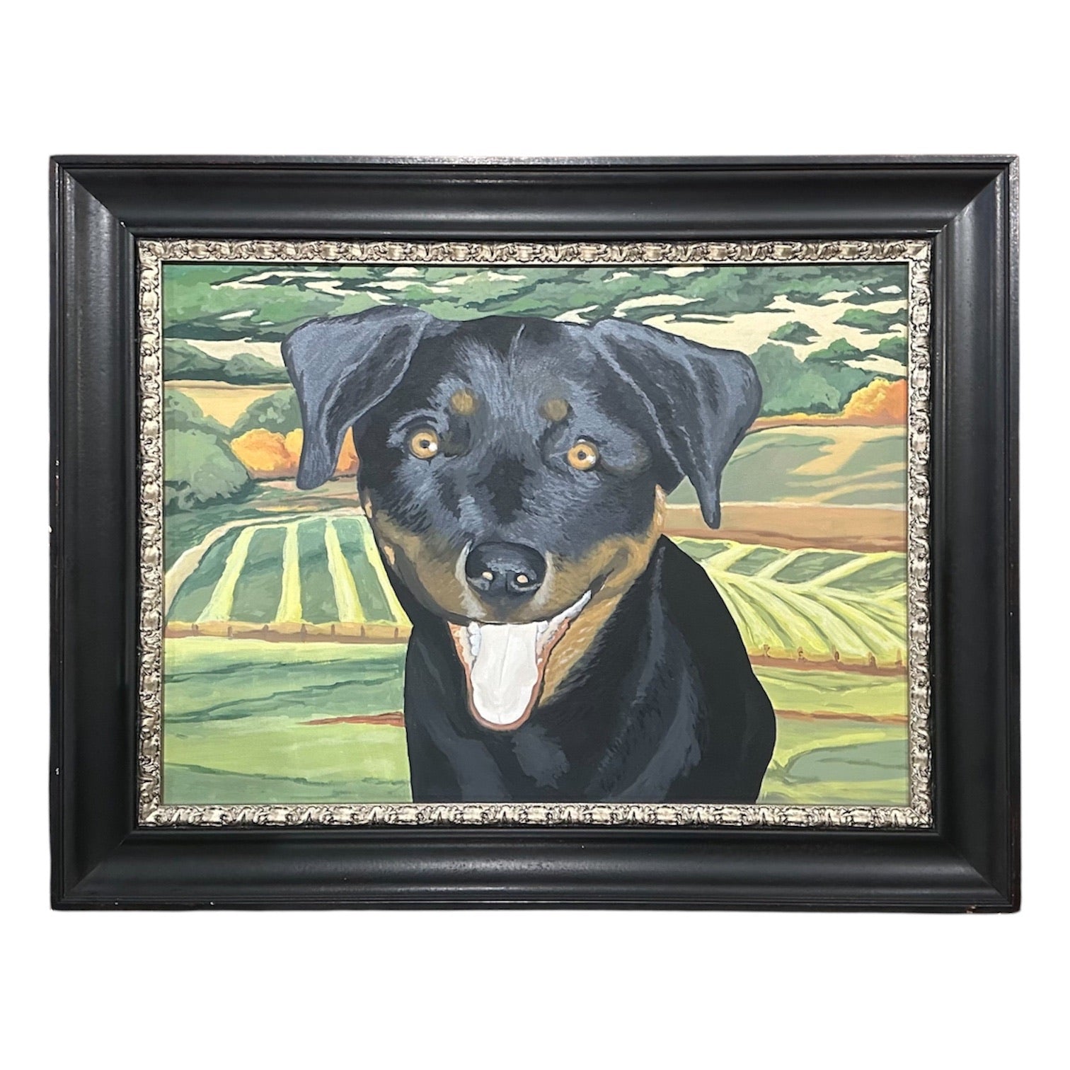 Charming Vintage Pastoral Landscape with Black Dog, Framed