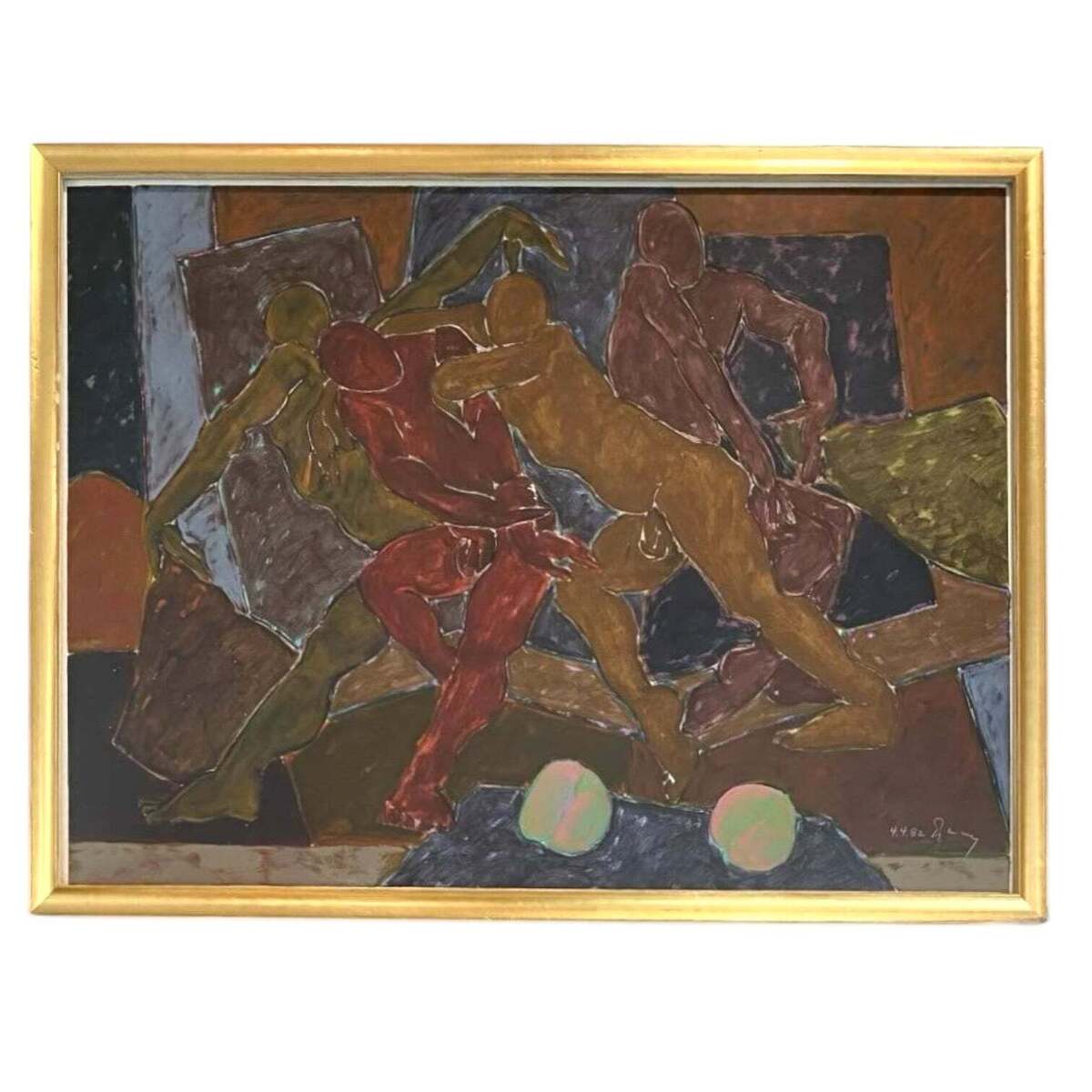 1982 Vintage Oil on Paper of Figures in Custom Frame