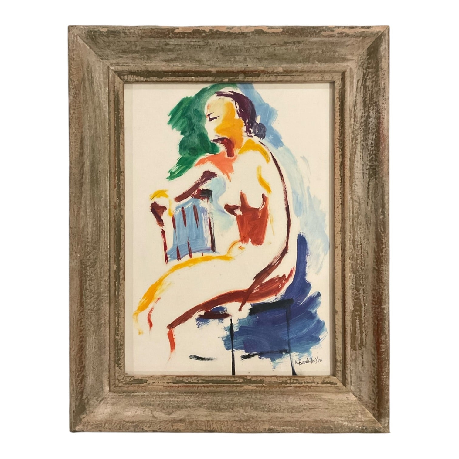 1946 Watercolor of Seated Nude in Vintage Wood Frame