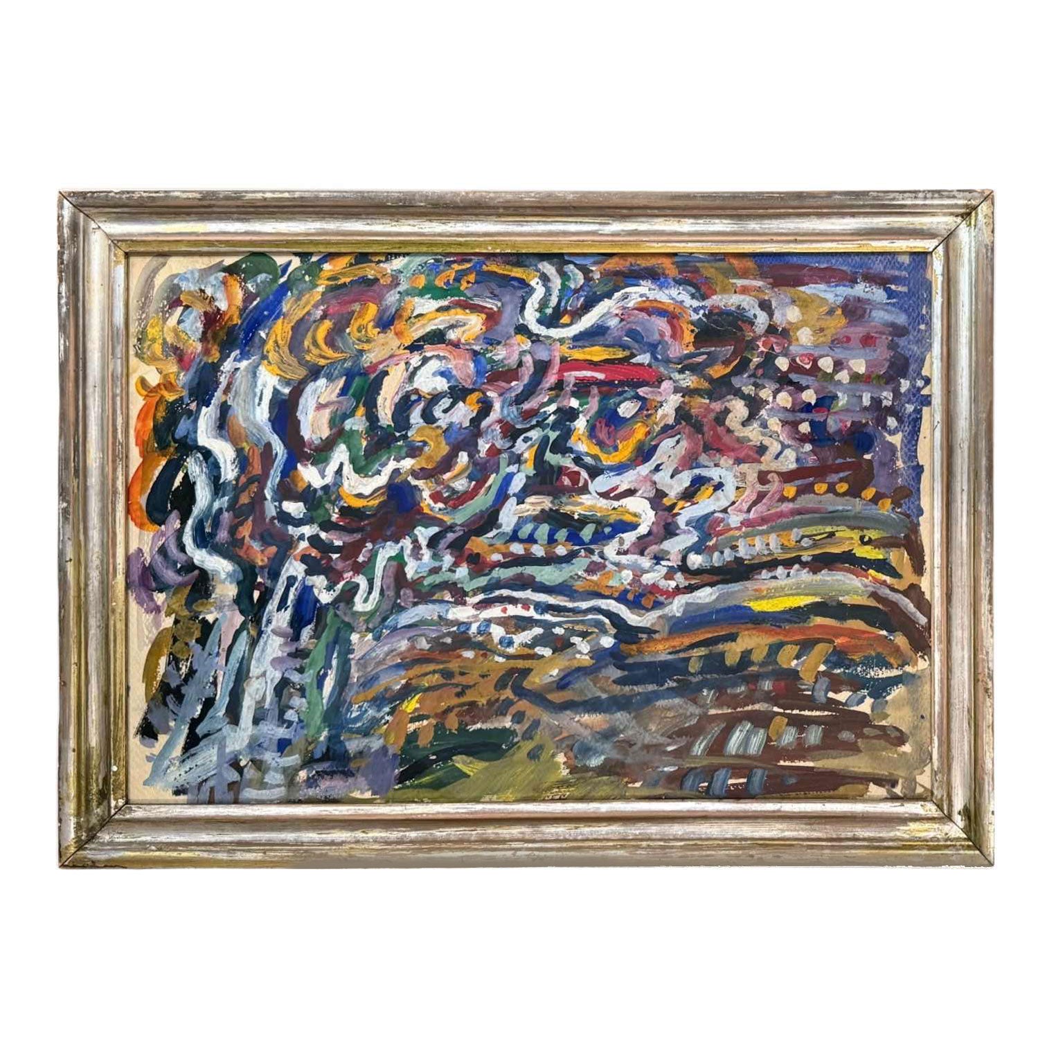 Boldly Colorful Action Painting in Rare Antique Silver Leaf Frame