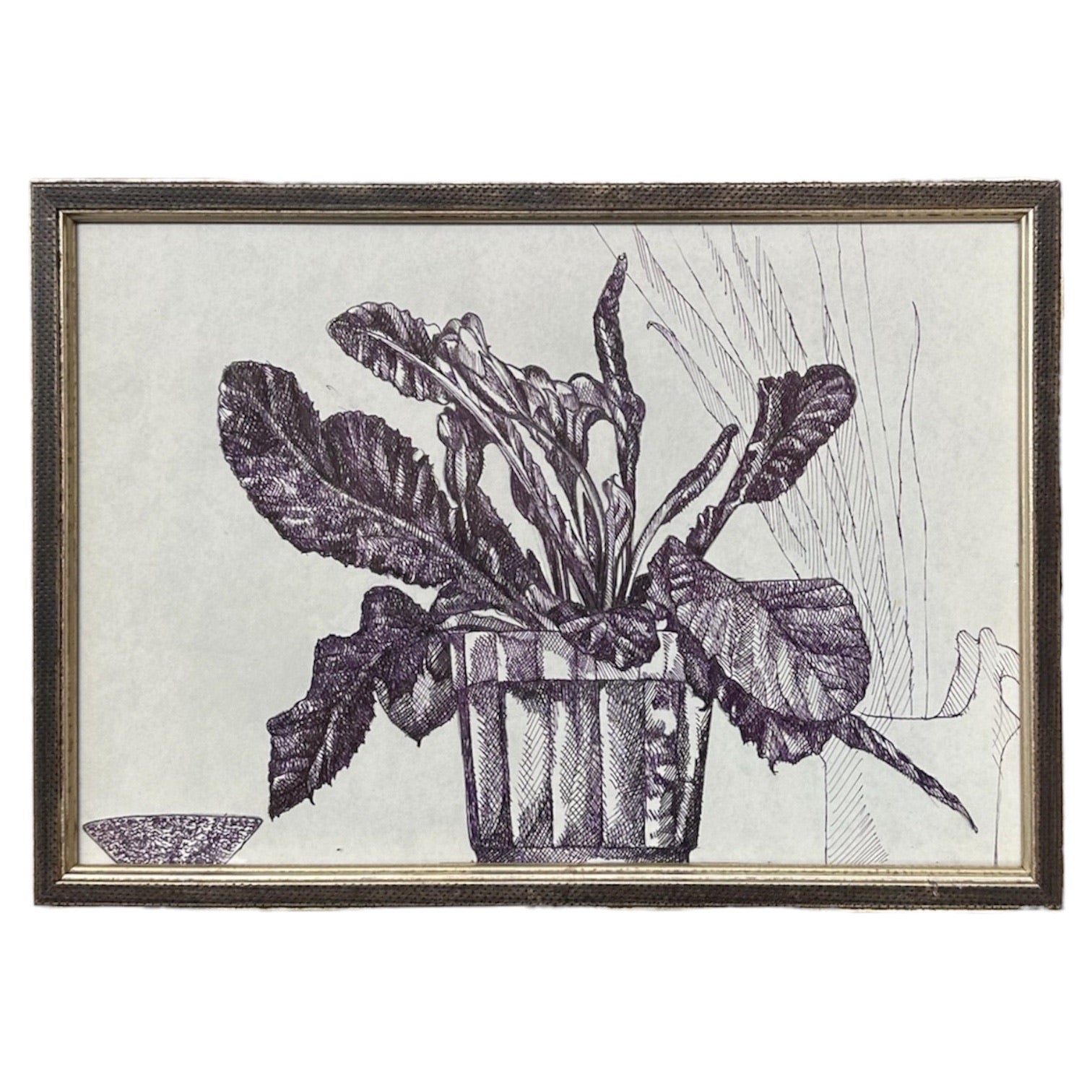 Detailed Ink Drawing of Potted Plant in Custom Frame